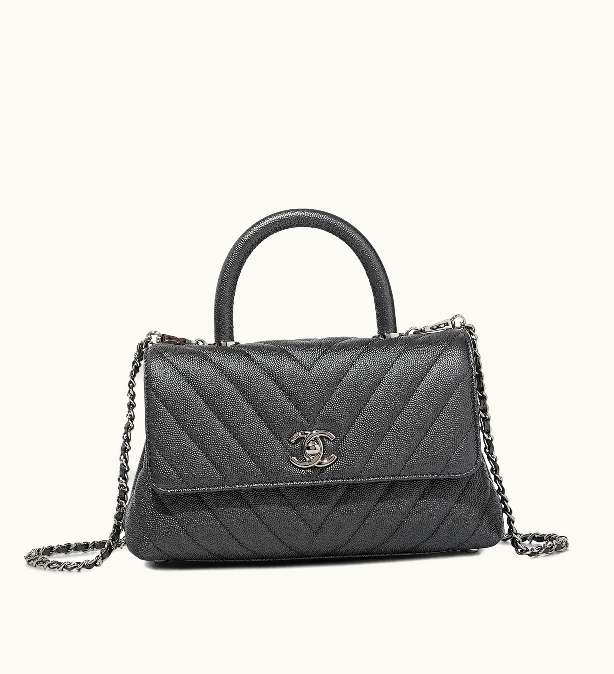Chanel Chanel 2020 Chanel Small Coco Top Handle Flap Bag in Grey Chevron Caviar with Silver Hardware