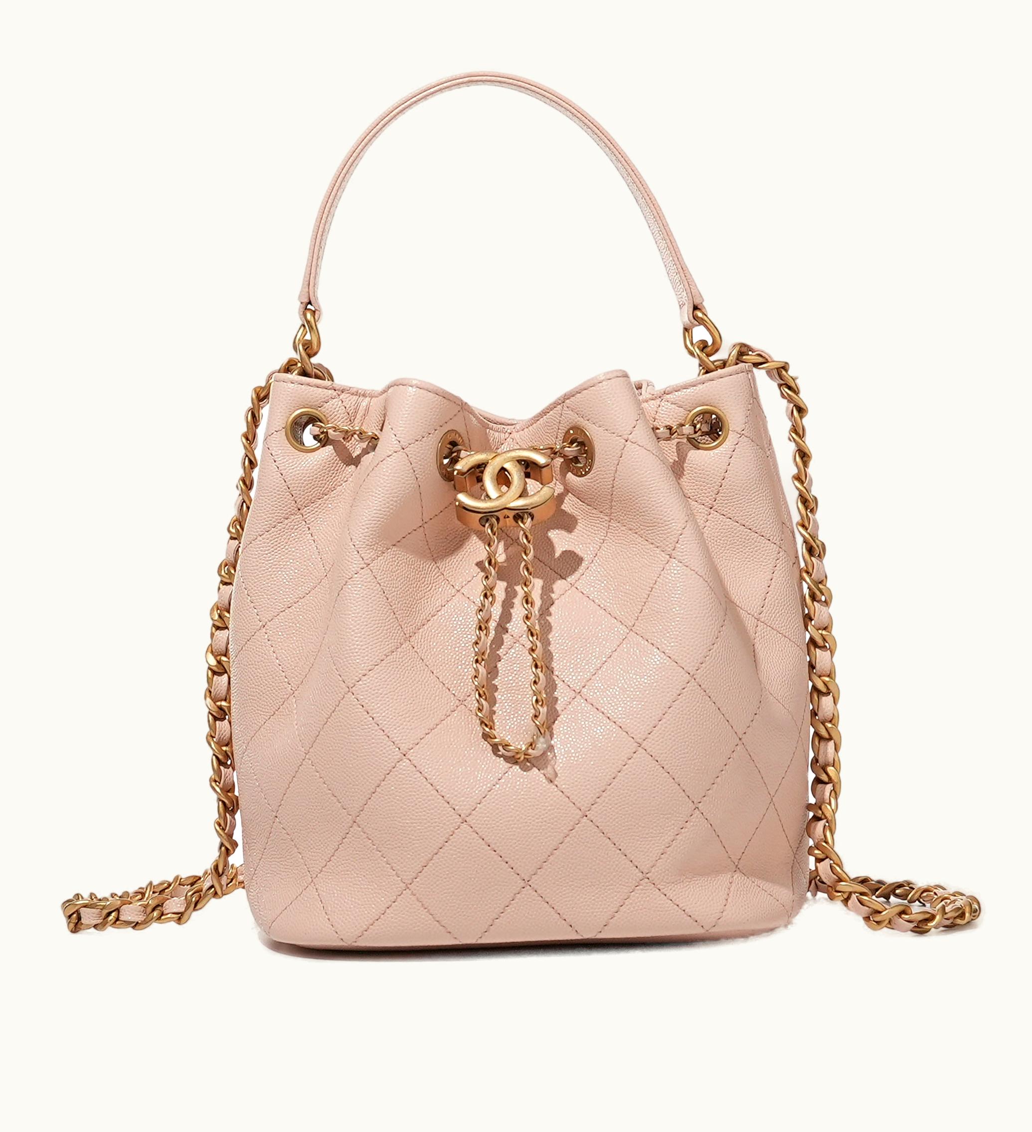 Chanel Chanel Pink Quilted Caviar Top Handle Drawstring Bucket Bag with Gold Hardware, from the year 2021