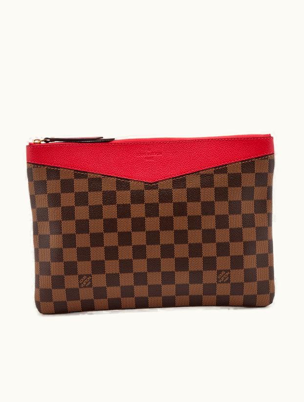 Louis Vuitton Louis Vuitton 2019 Daily Pouch - Gold Hardware, made with Brown Damier Ebene Coated Canvas and accented with Red Leather
