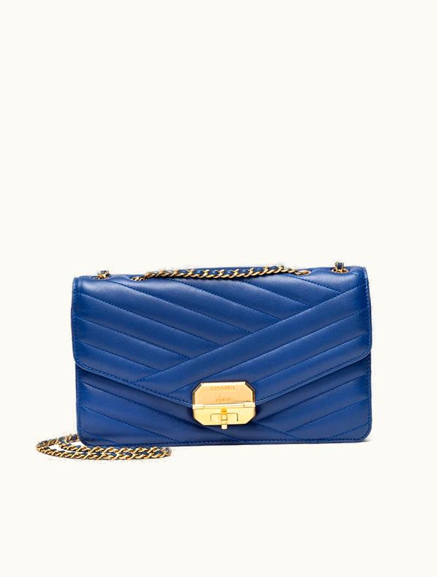 Chanel Chanel Retro Clasp Flap Bag Gold Hardware in Blue Chevron Quilted Lambskin, 2012-2013