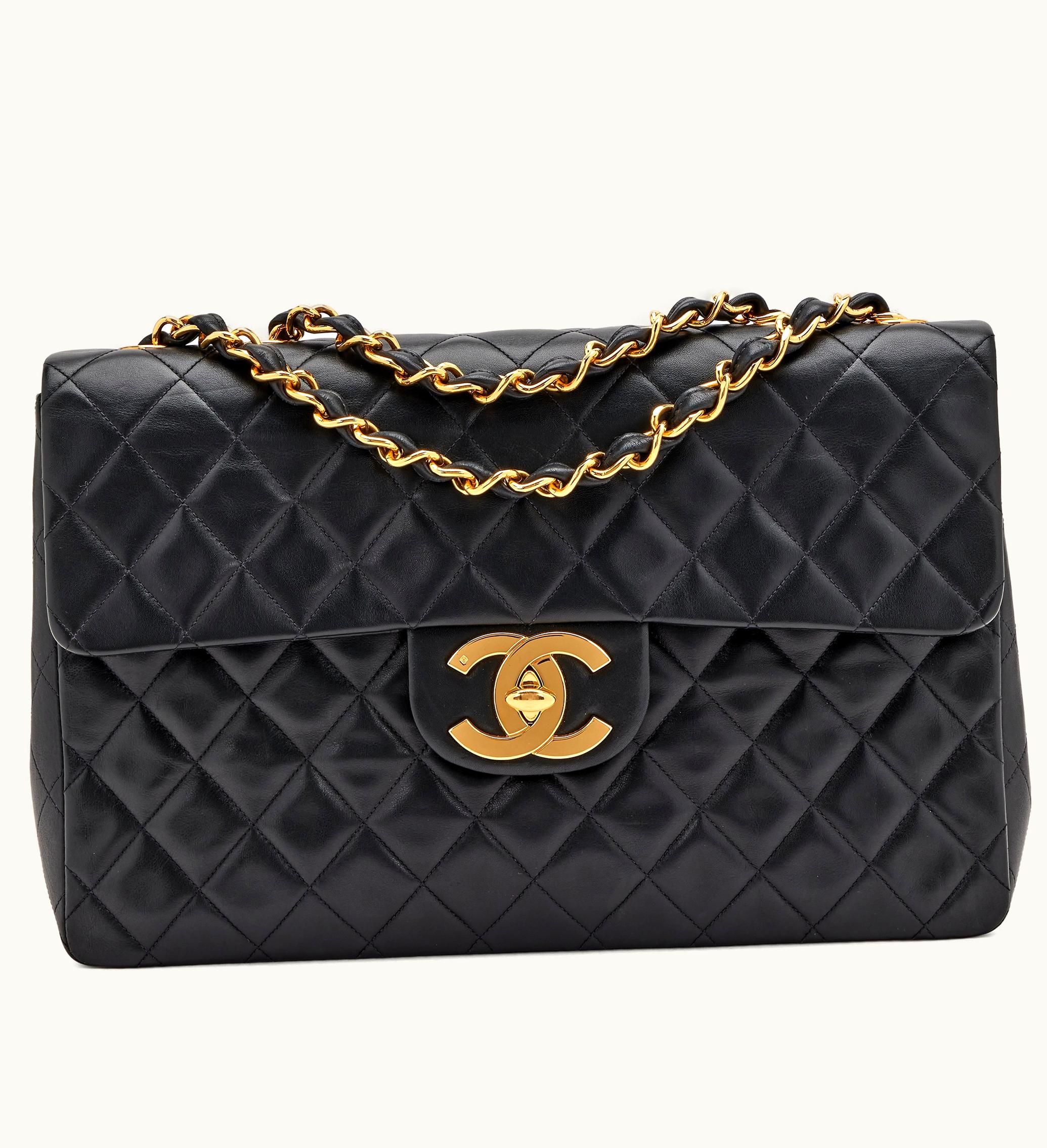 Chanel Chanel Black Quilted Lambskin Maxi Jumbo XL Vintage Classic Single Flap with Gold Hardware, manufactured between the years 1994 and 1996