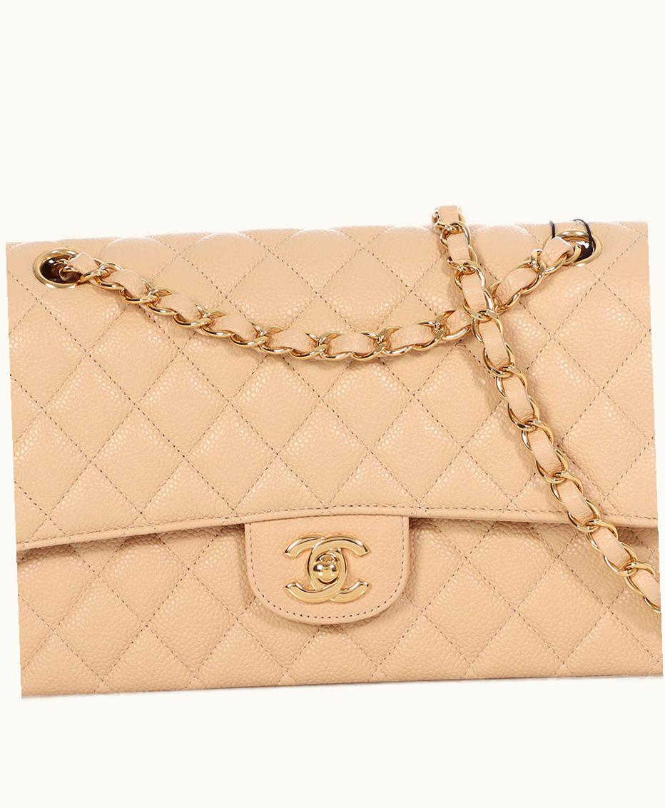 Chanel Chanel Medium Classic Double Flap Gold Hardware in Beige Quilted Caviar, 2017 Edition