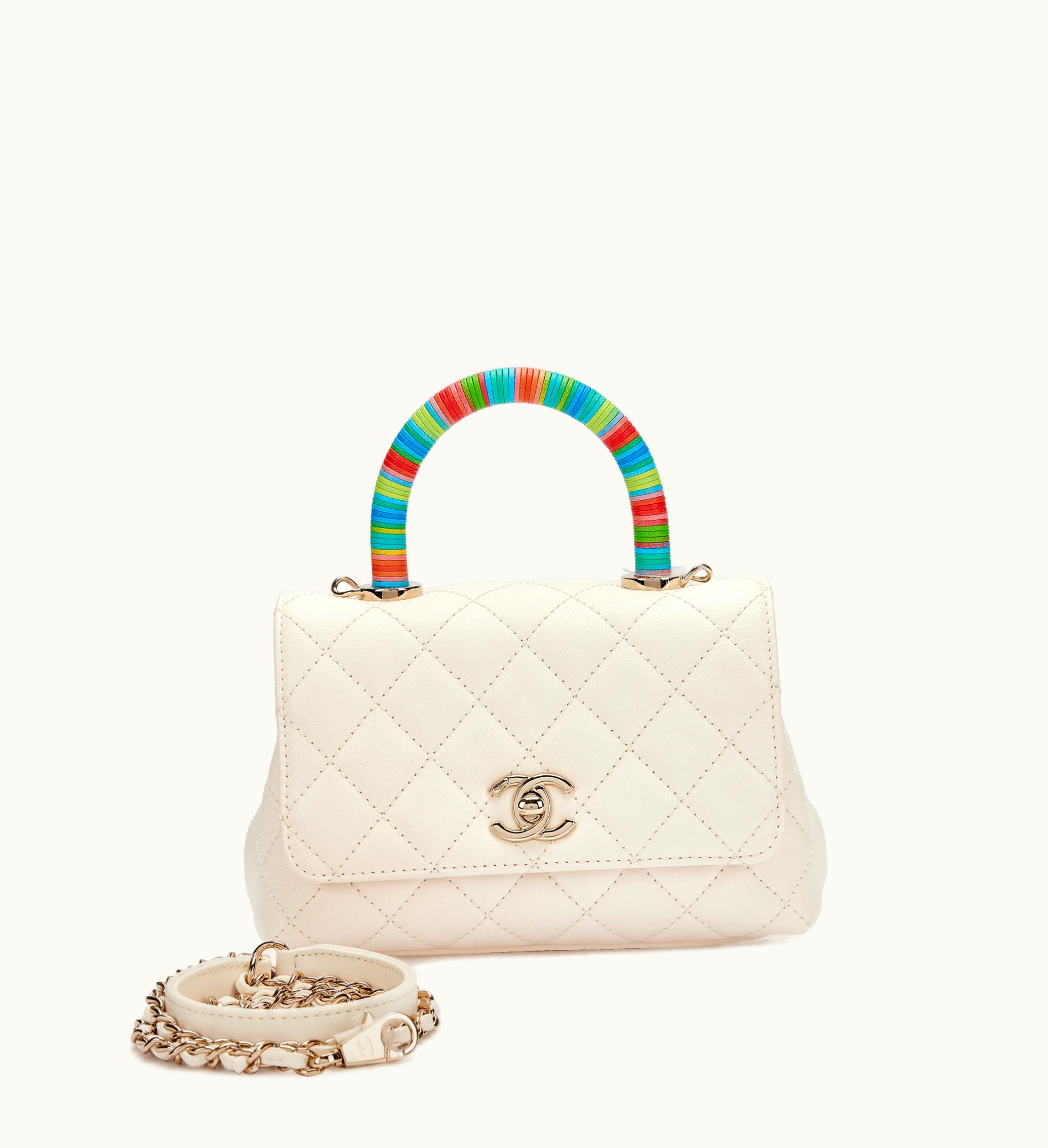 Chanel Chanel 2021 Chanel Mini Rainbow Coco Top Handle Pale Gold Hardware, featuring white quilted lambskin