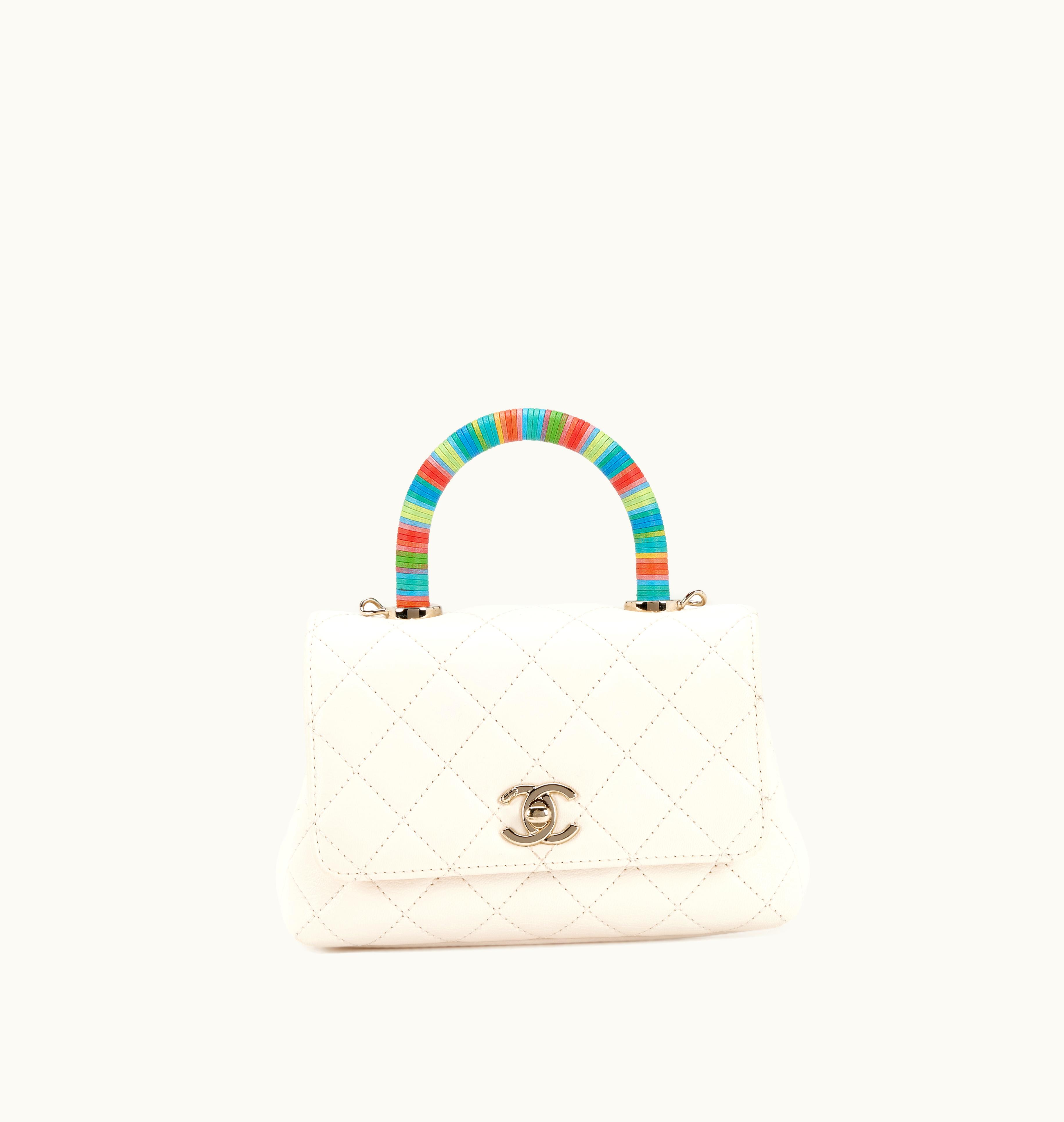 Chanel Chanel 2021 Chanel Cream White Quilted Chèvre Extra Mini Rainbow Coco Handle Flap Gold Hardware