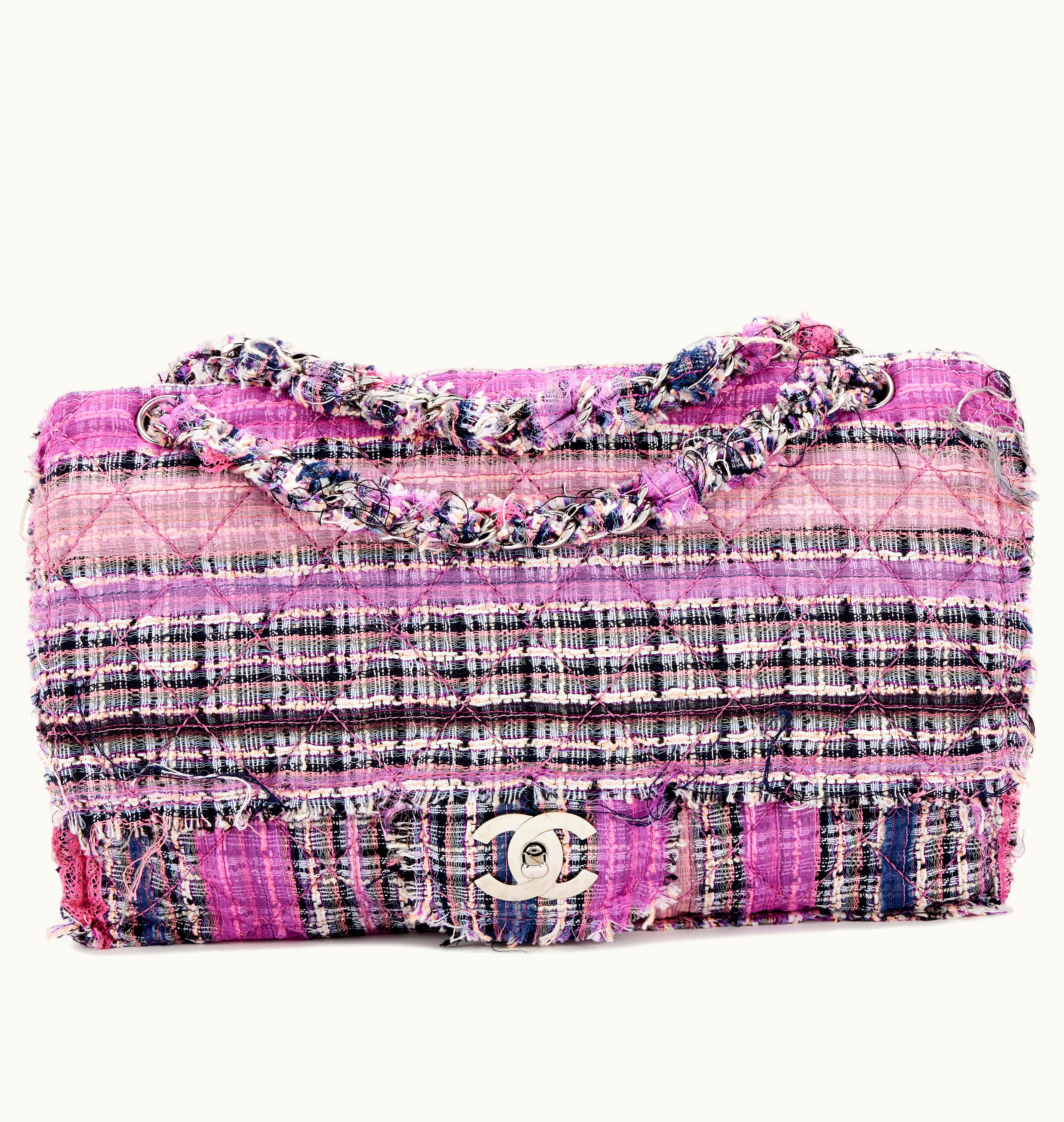 Chanel Chanel Pink and purple tweed fringe classic jumbo double flap with silver hardware by Chanel, from the year 2008