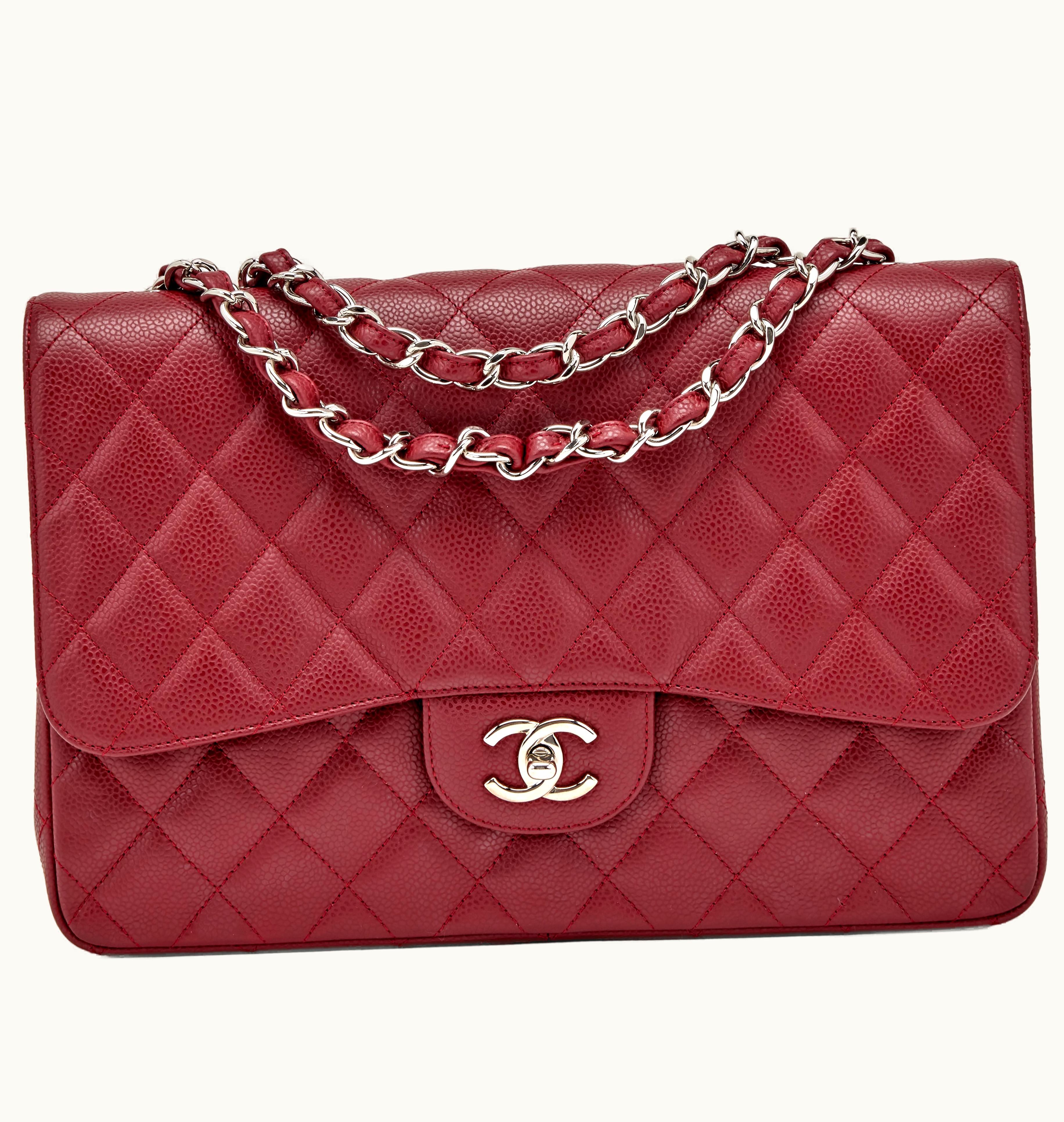 Chanel Chanel Jumbo Classic Single Flap with Red Quilted Caviar and Silver Hardware, produced during the period of 2009-2010