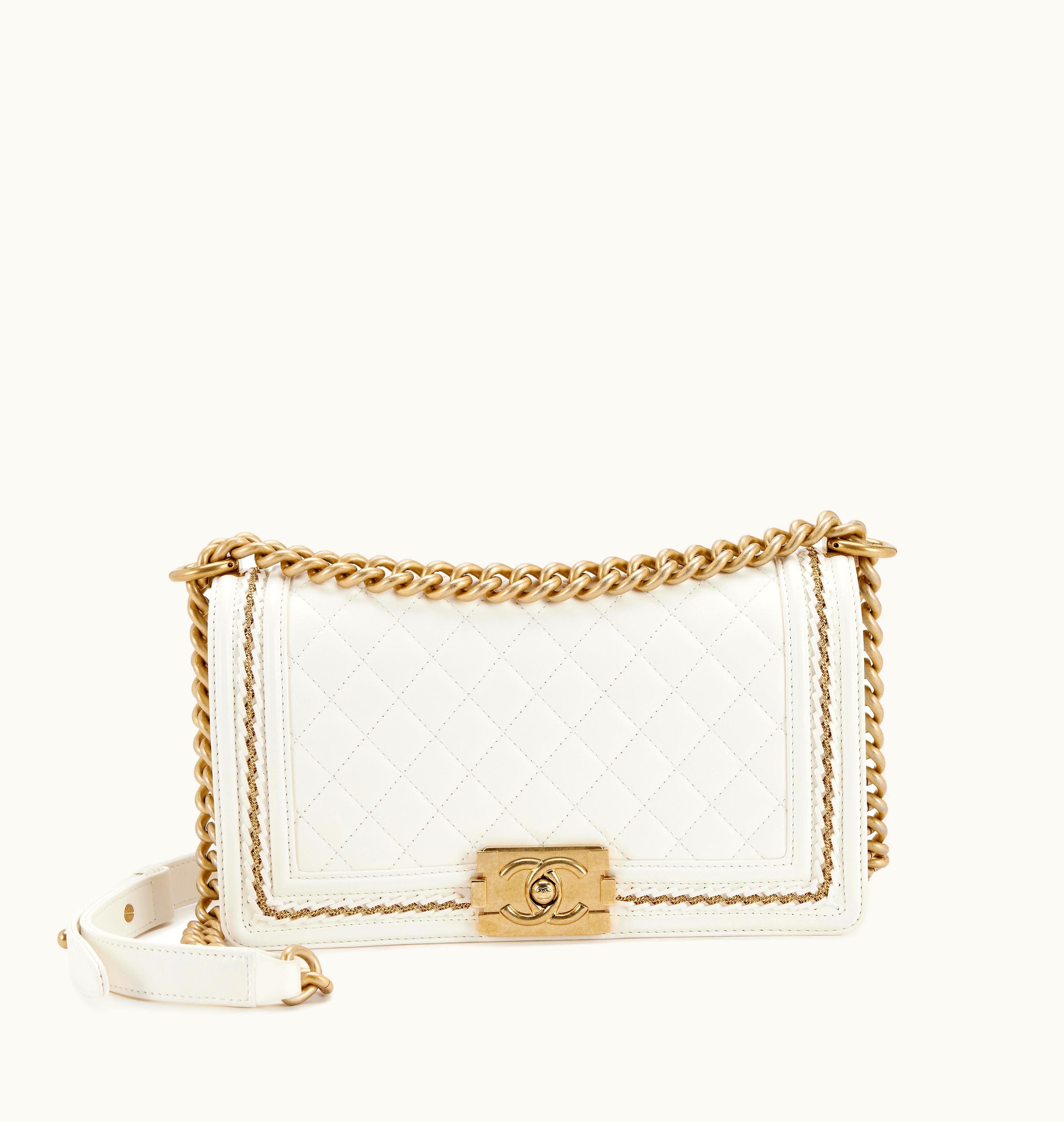 Chanel Chanel 2017 Chanel Cream White Quilted Lambskin Old Medium Boy Bag Gold Hardware with a Braided Chain Jacket