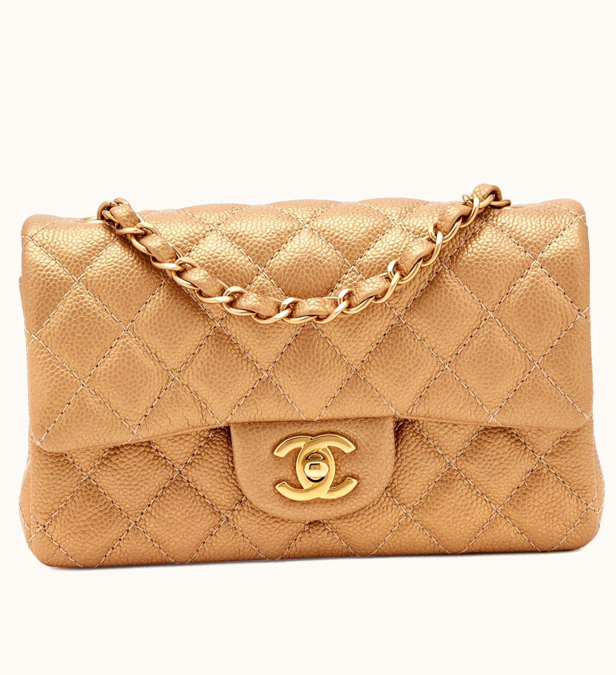 Chanel Chanel 2015 Mini Rectangular Classic Flap in Pearly Gold Quilted Caviar with Antique Gold Hardware