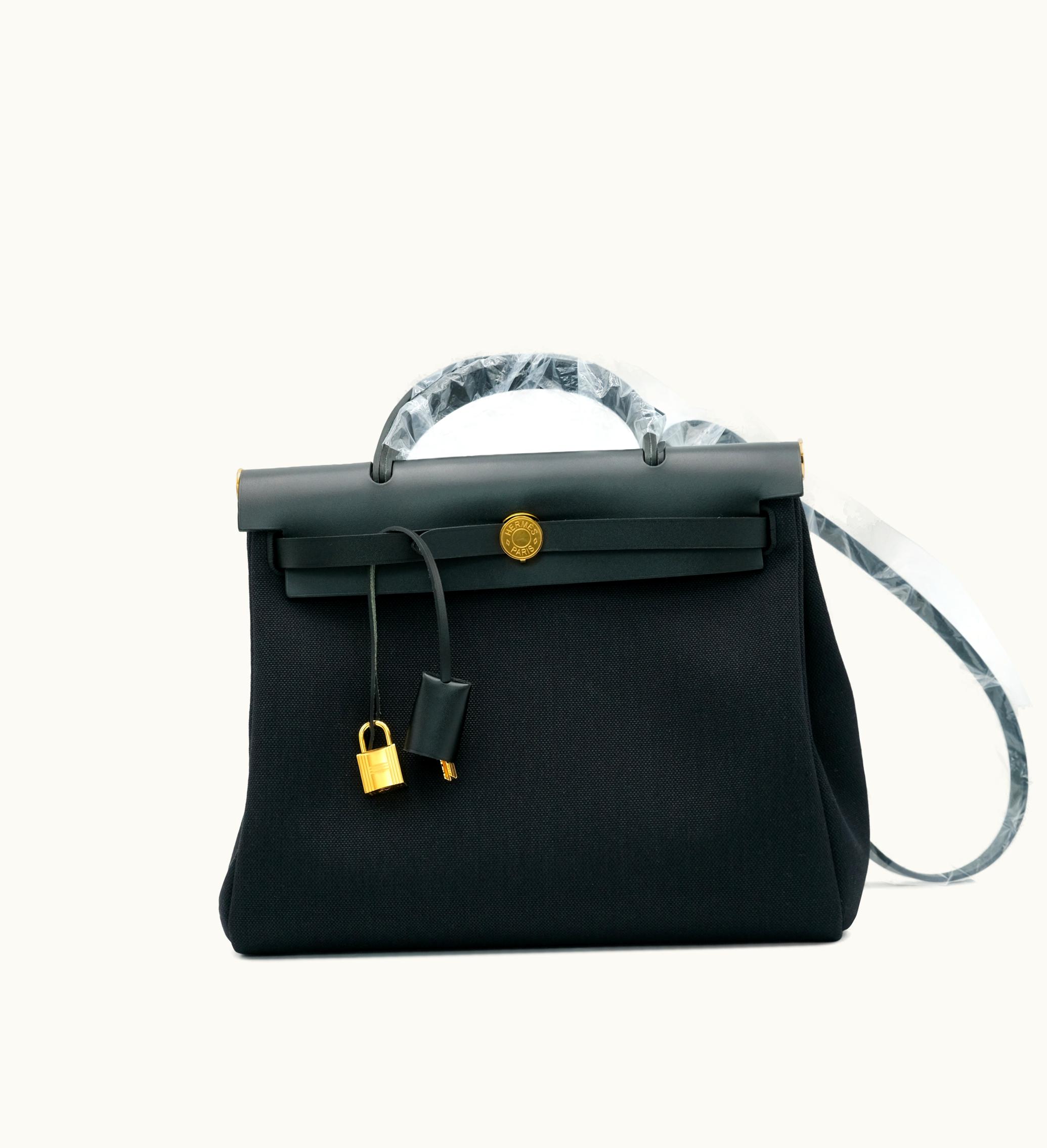 Hermès Hermès Black Hunter Cowhide and Toile Herbag Zip 31 with Gold Hardware