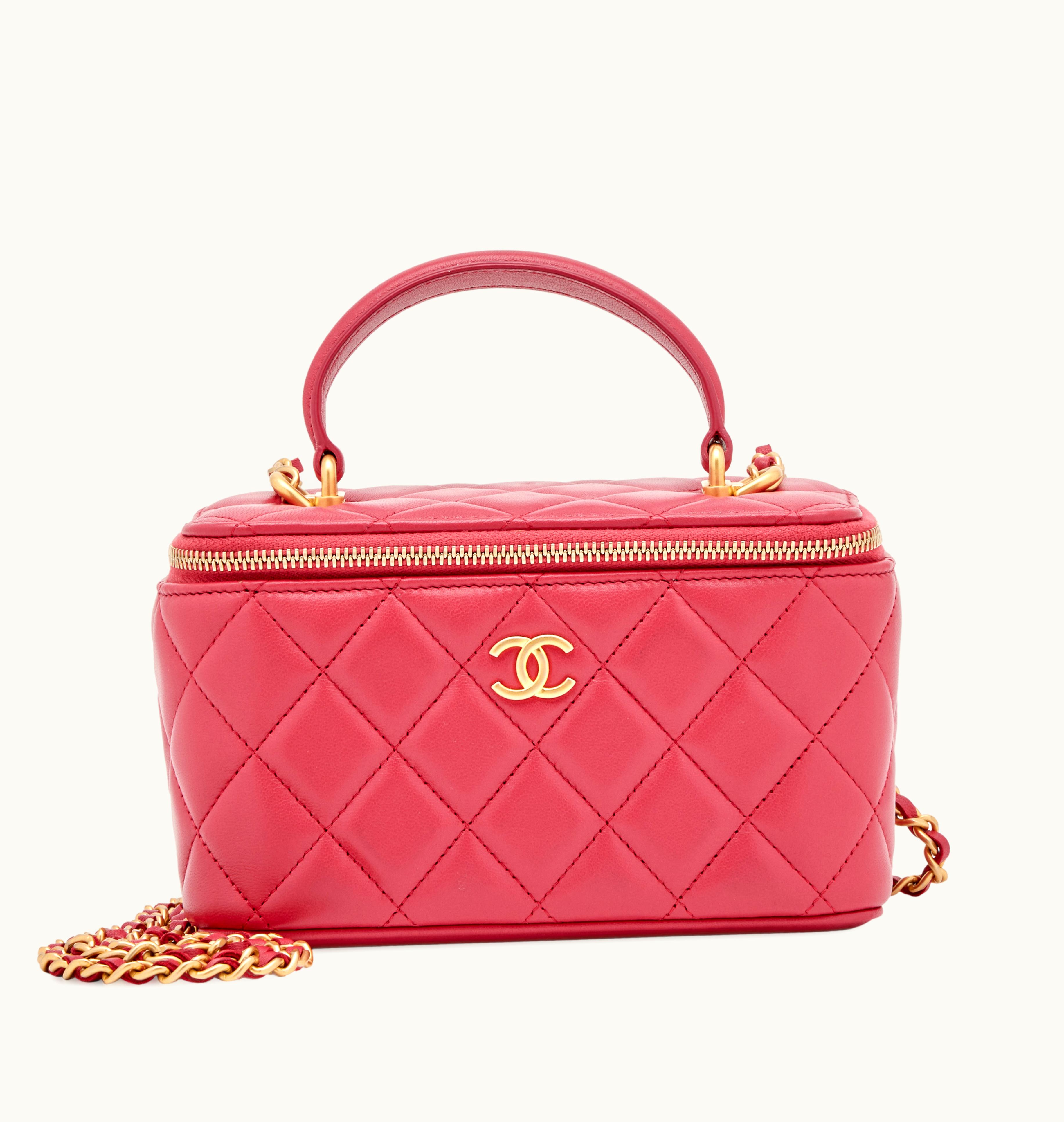Chanel Chanel 2021 Chanel Dark Pink Quilted Lambskin Vanity Bag with Aged Gold Hardware, featuring a top handle