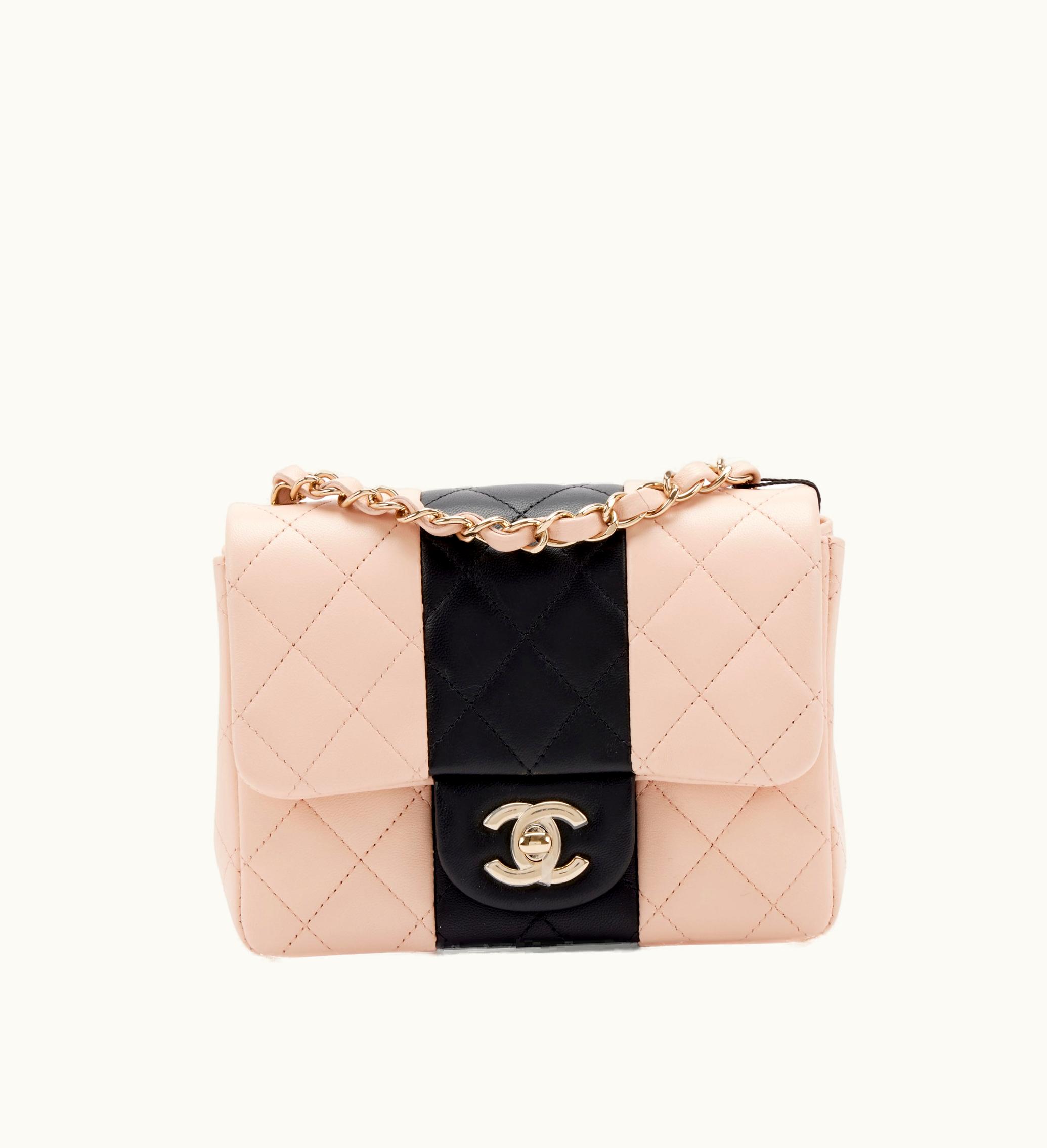 Chanel Chanel Pink and Black Quilted Lambskin Mini Square Classic Single Flap Gold Hardware, 2022