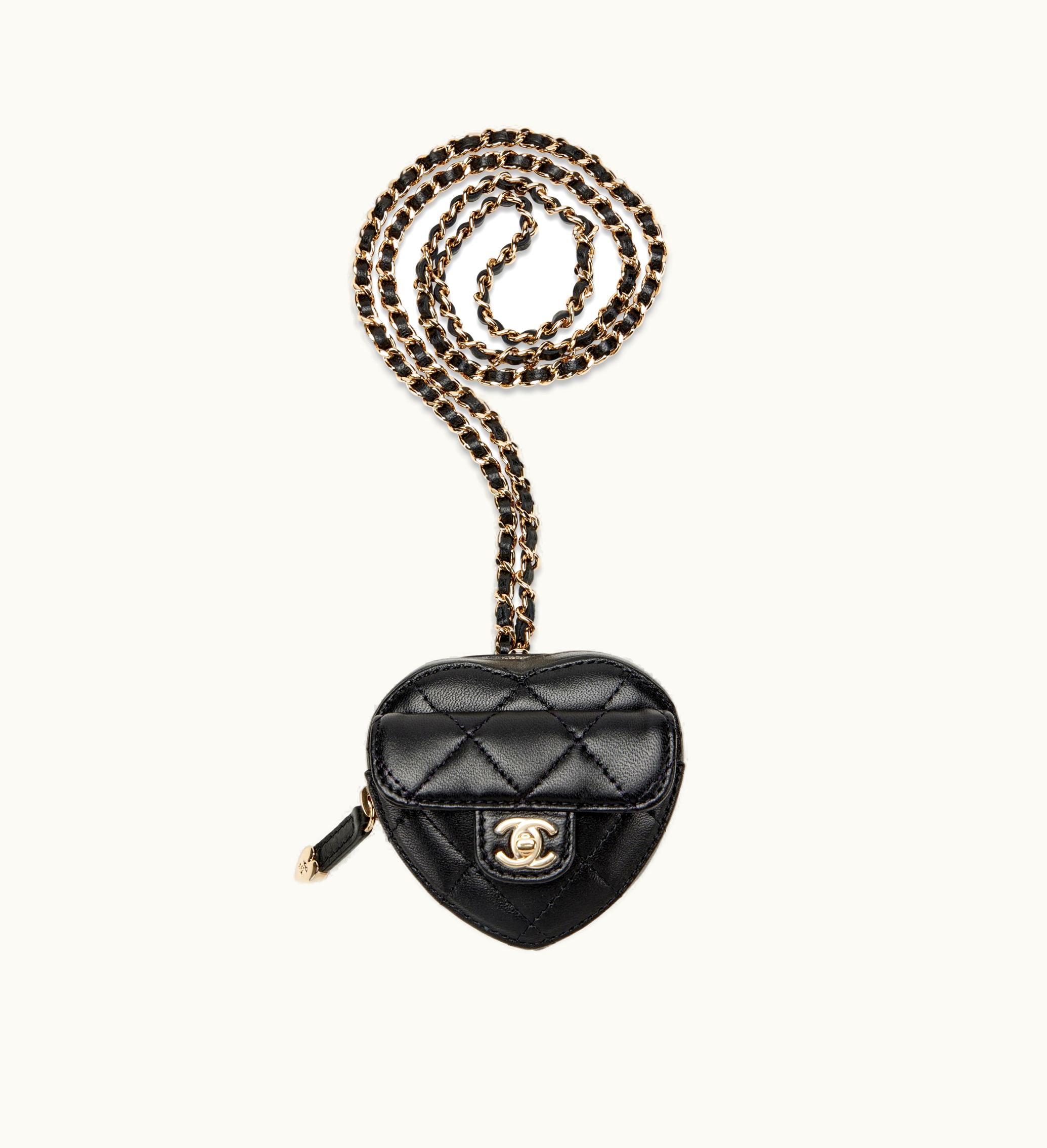 Chanel Chanel 2022 Chanel Heart Quilted Lambskin Coin Purse Necklace with Gold Hardware, Black