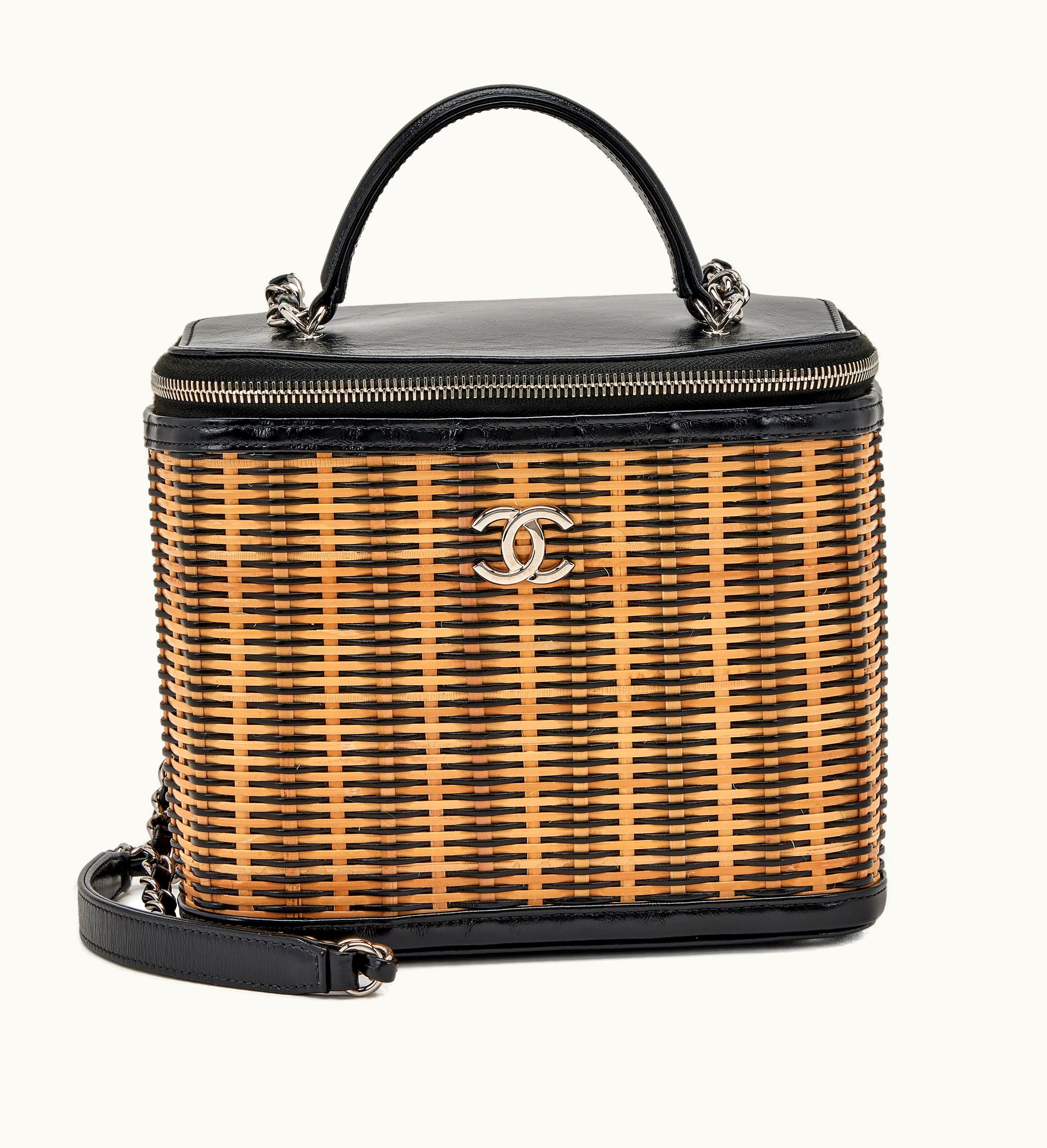 Chanel Chanel Rattan and Calfskin Vanity Case in Black and Beige with Silver Hardware, 2021