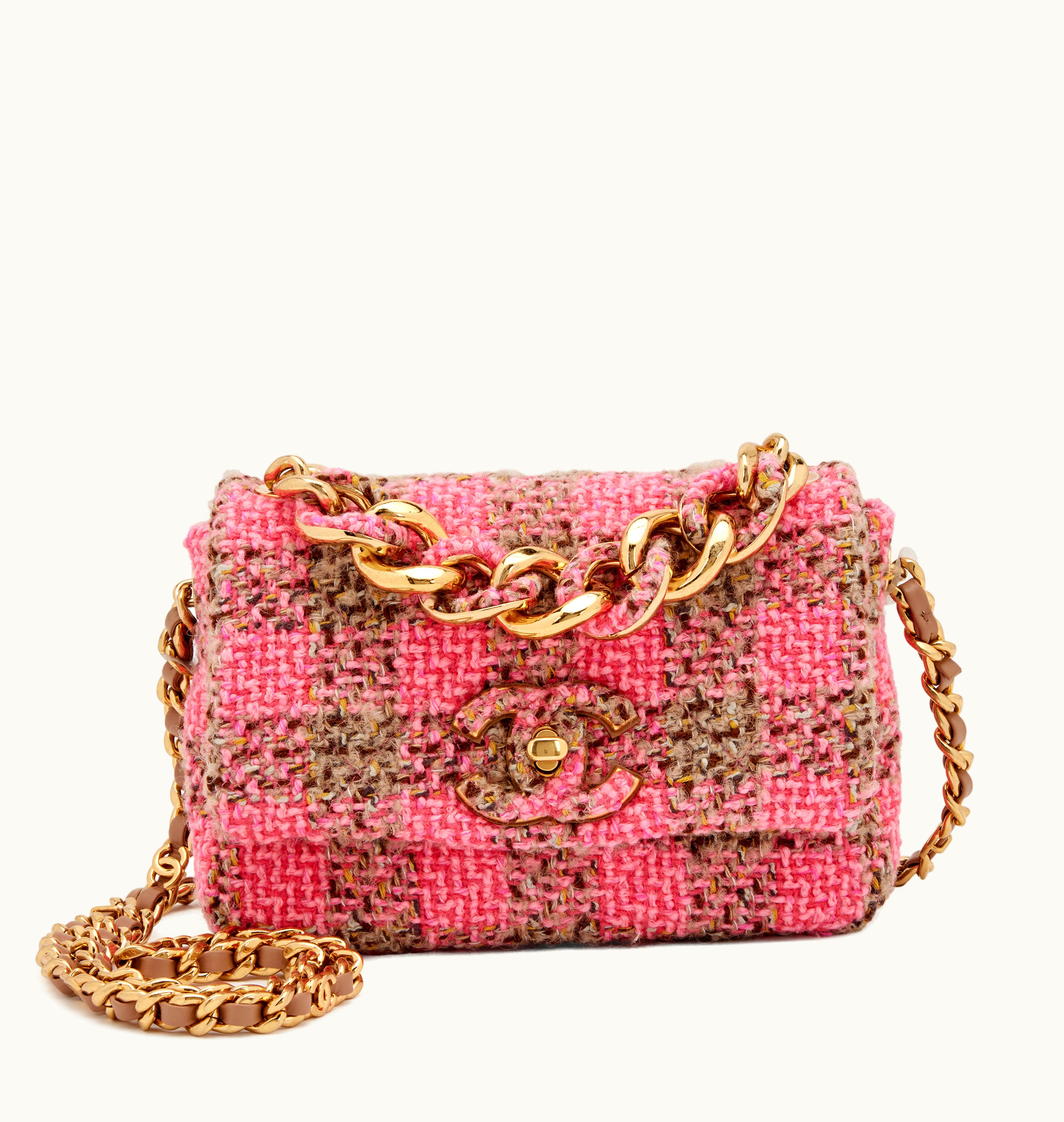 Chanel Chanel 2022 Small Chanel Flap: Pink and Beige Quilted Wool Tweed, Elegant Chain with Gold Hardware