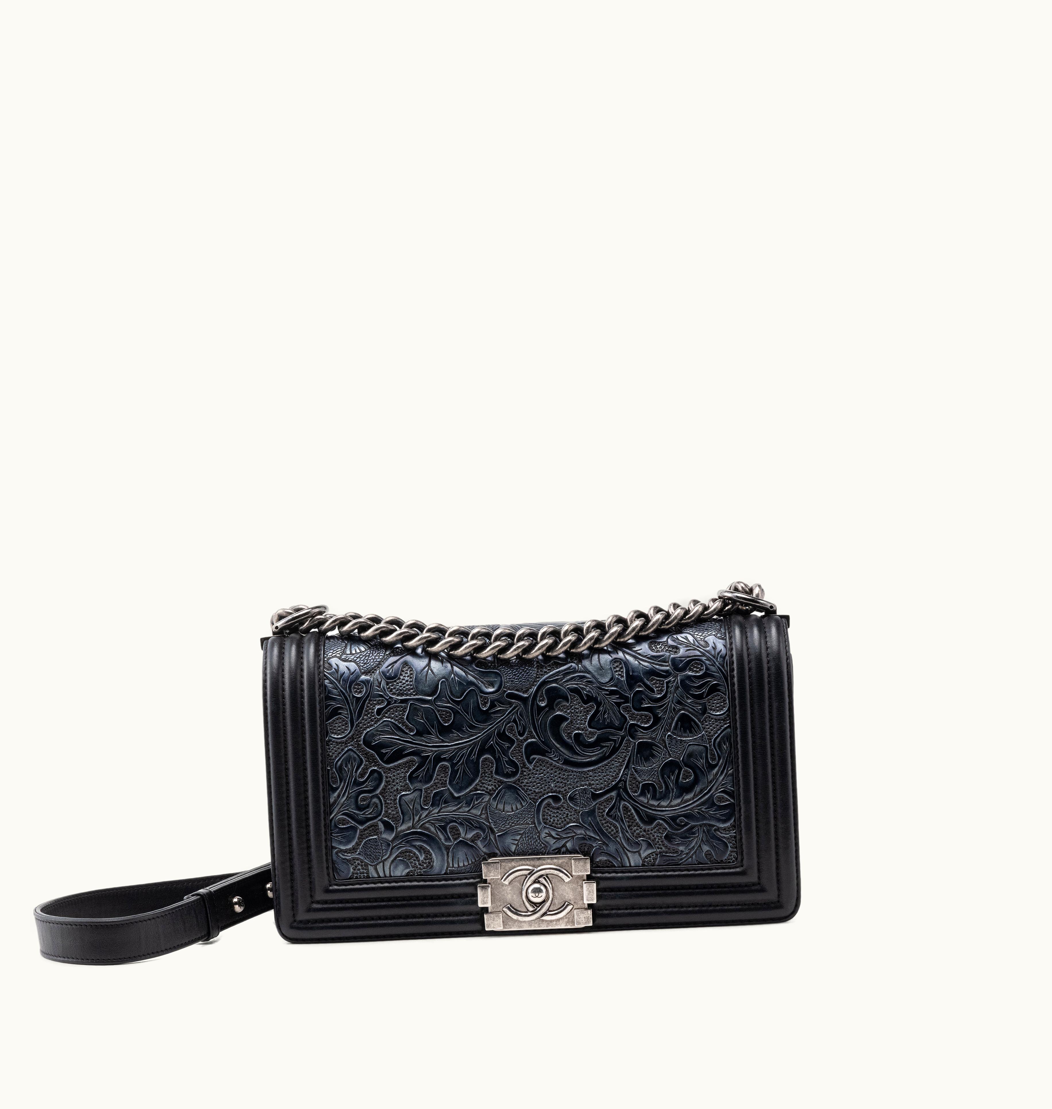 Chanel Chanel Black Embossed Leather Paris-Dallas Medium Boy Bag with Silver Hardware from 2014