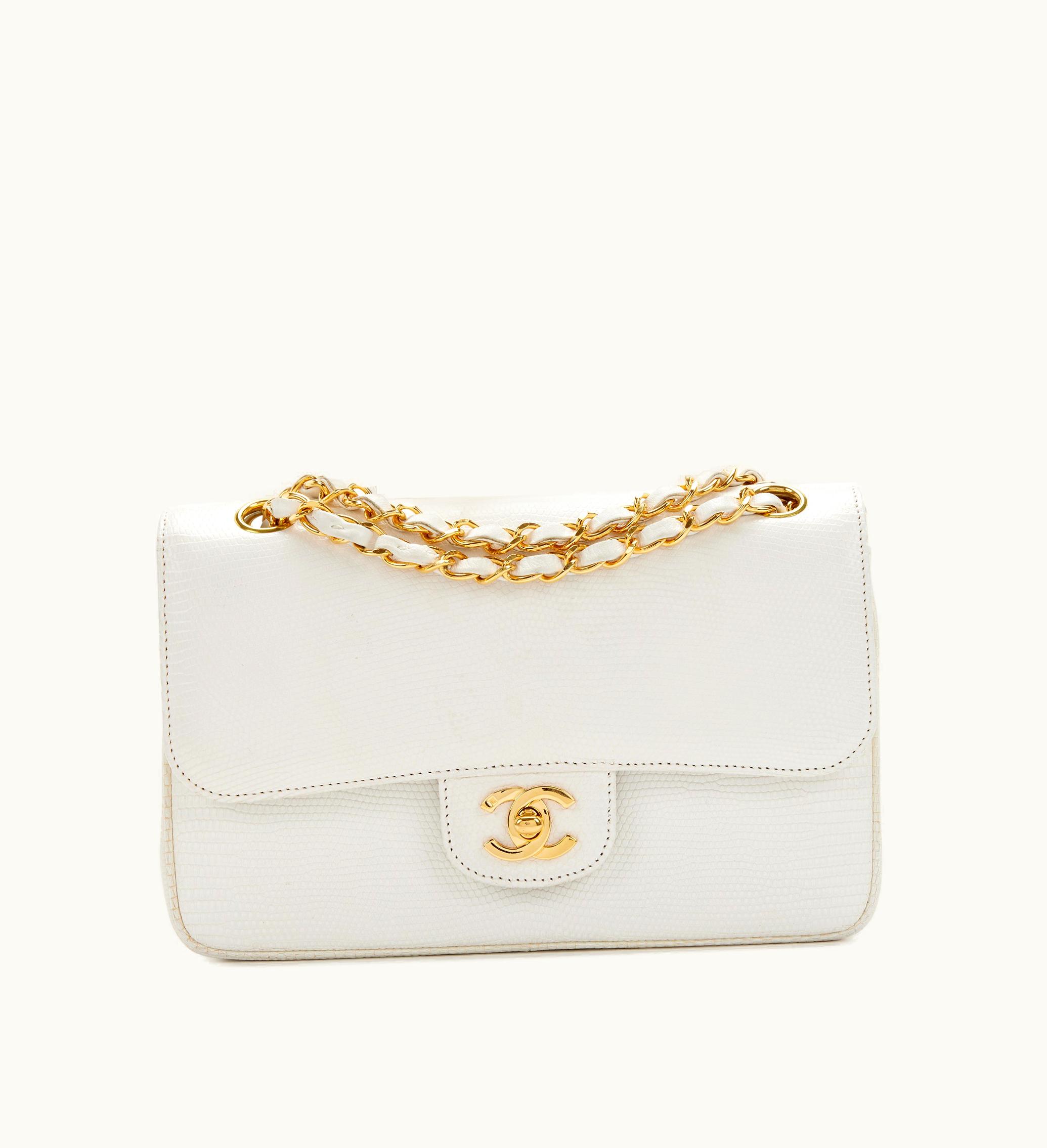 Chanel Chanel Gold Hardware 1996-1997 Chanel Classic Double Flap Small White Lizard Bag