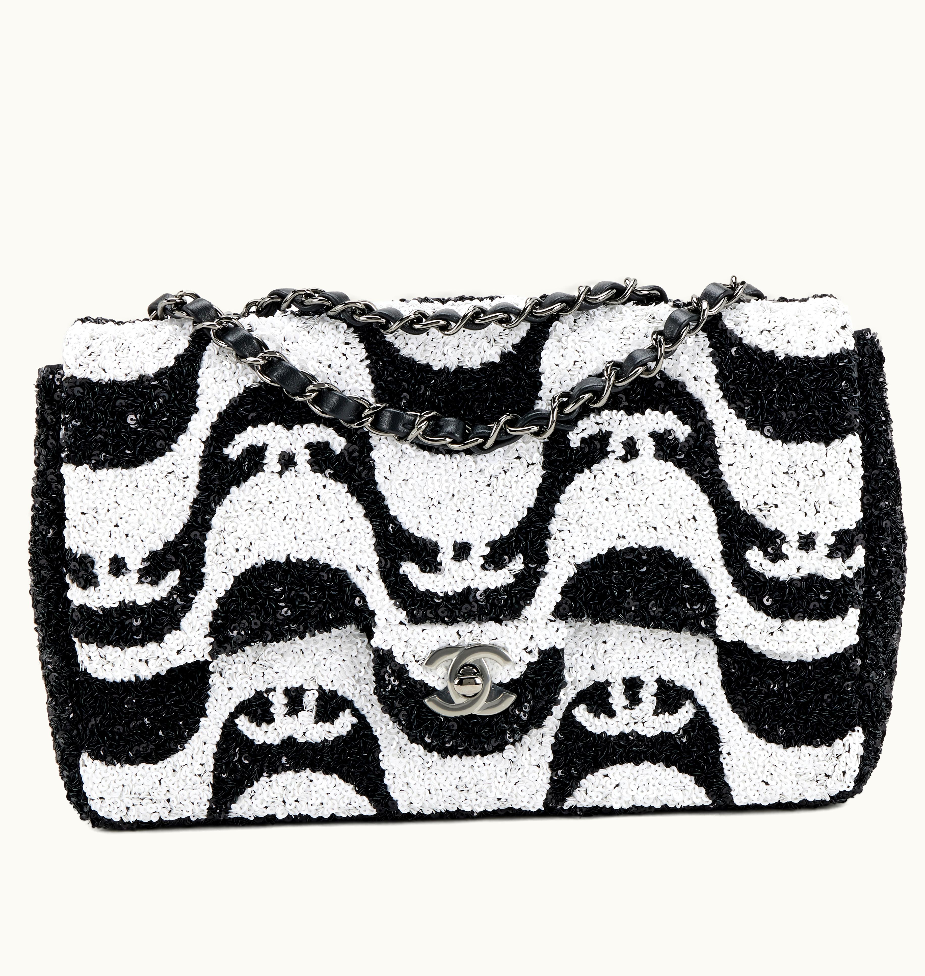 Chanel Chanel Black and White Sequin Graffiti Logo Medium Classic Single Flap Ruthenium Hardware, 2021