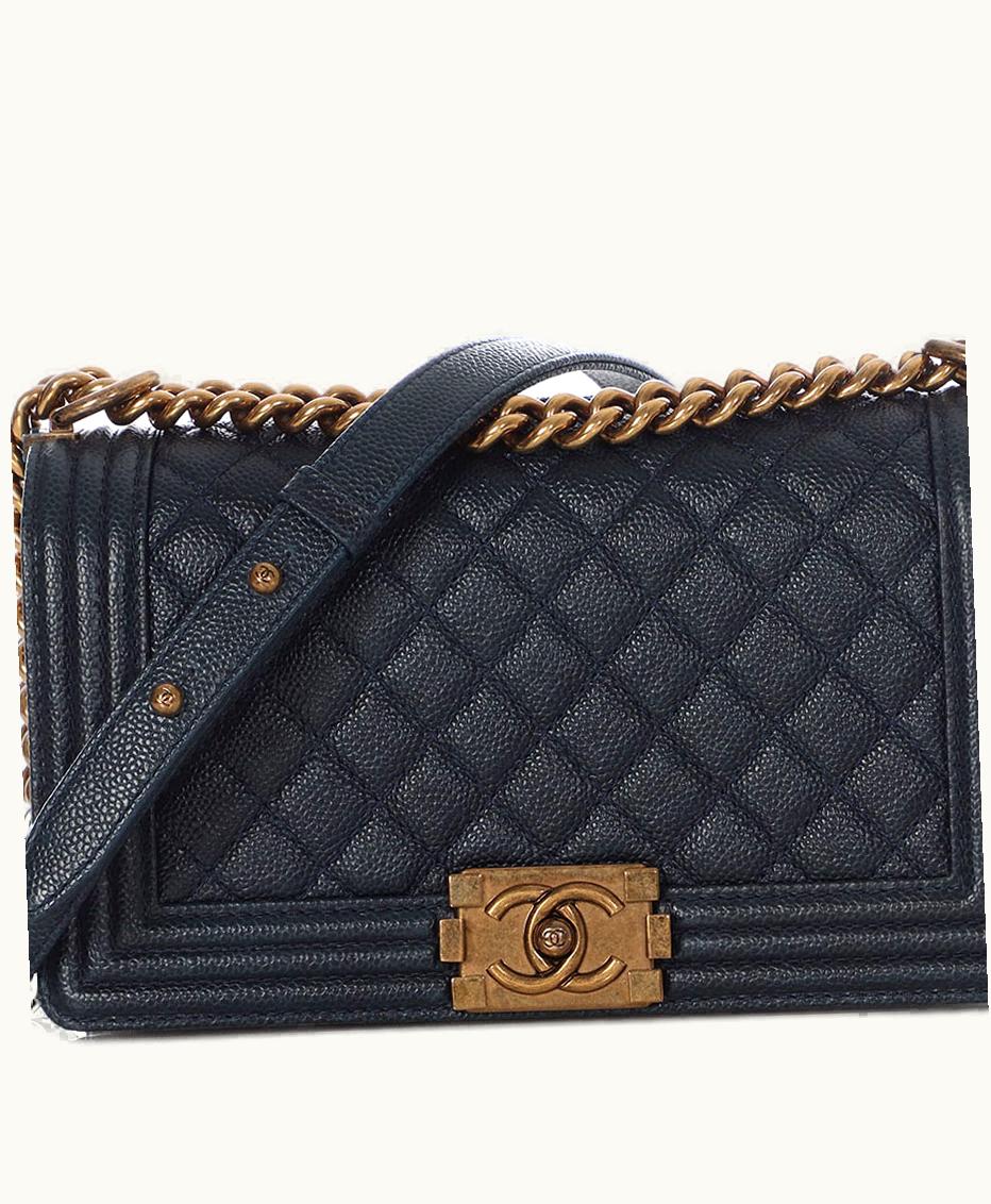 Chanel Chanel Aged Gold Hardware Dark Navy Quilted Caviar Old Medium Boy Bag from 2014-2015