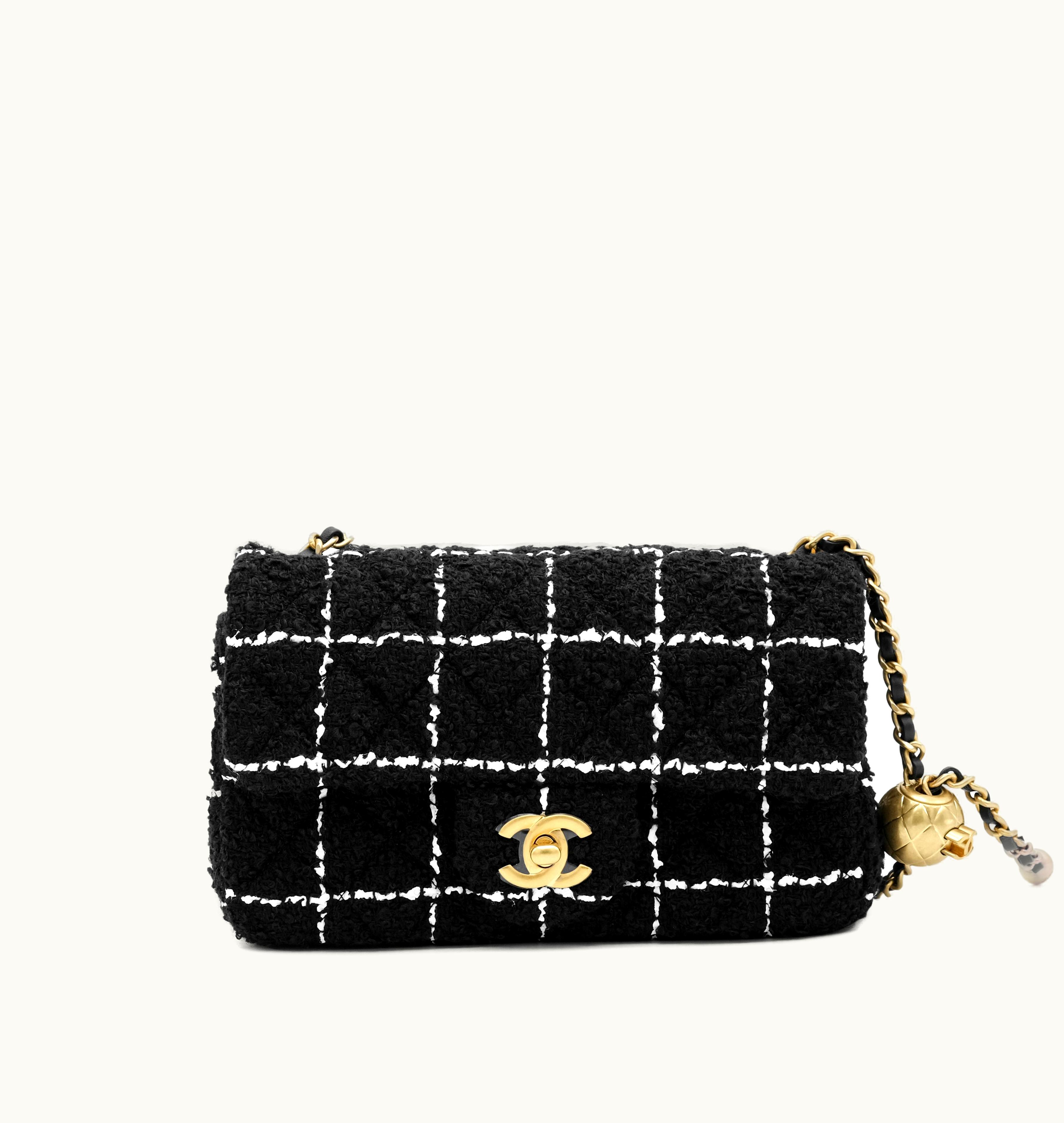 Chanel Chanel 2023 Chanel Black Tweed Pearl Crush Small Classic Single Flap Bag with Gold Hardware