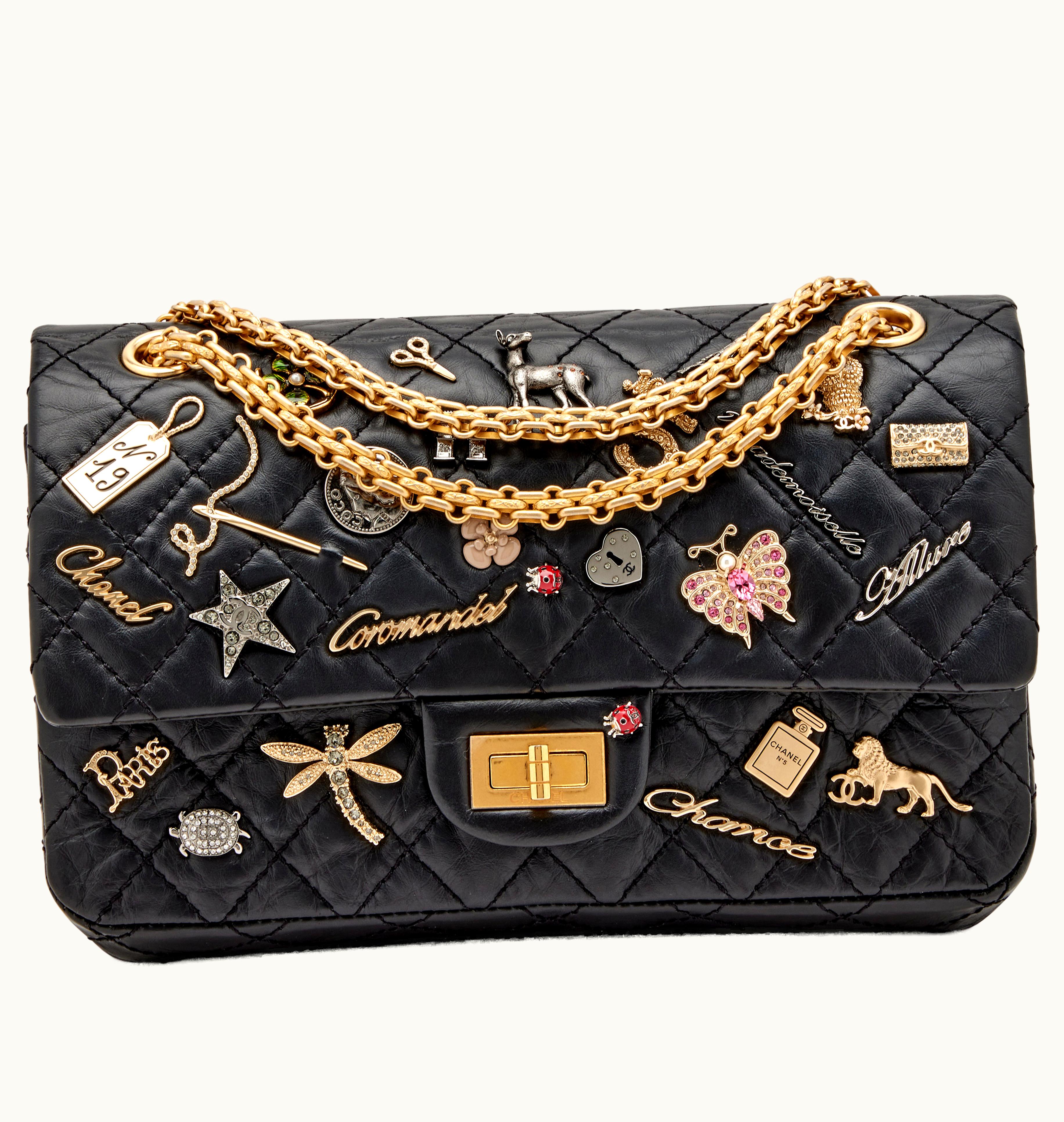 Chanel Chanel Aged Calfskin Black Quilted Double Flap Reissue 225 with Antique Gold Hardware and Lucky Charms, released in 2017