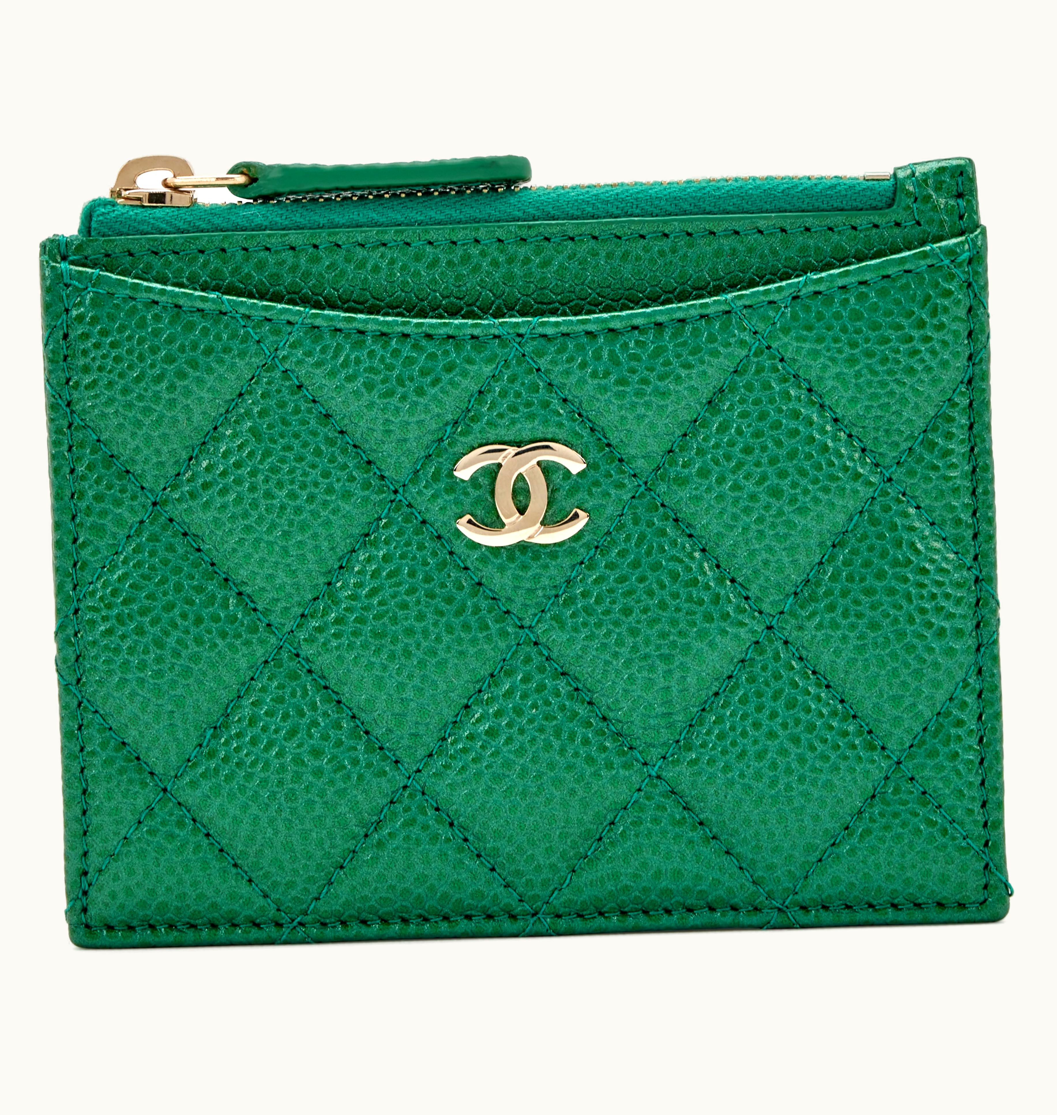 Chanel Chanel Quilted Caviar Classic Zip Card Case in Metallic Green with Pale Gold Hardware, released in 2018