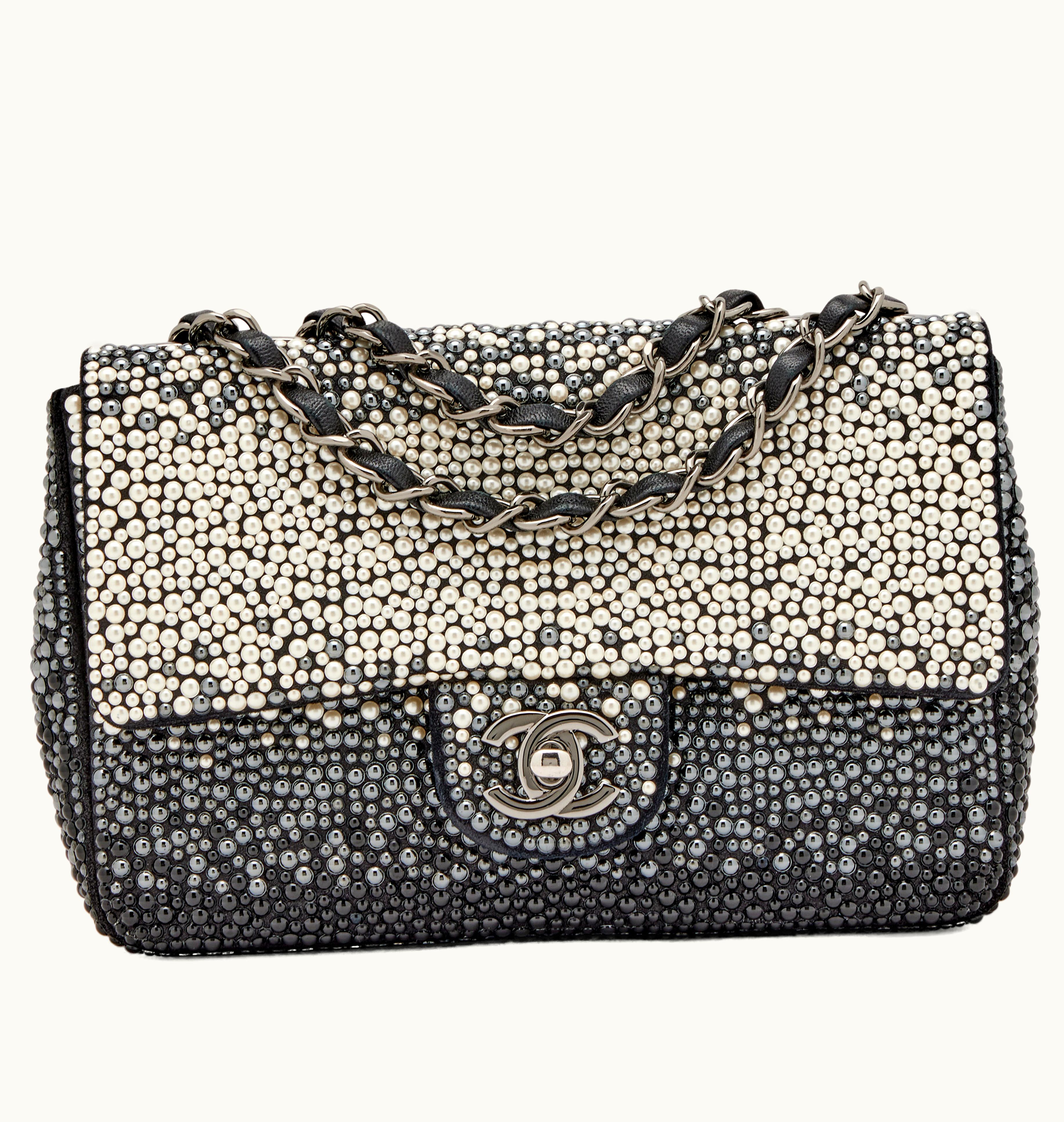 Chanel Chanel White, Grey and Black Imitation Pearls and Beads and Calfskin Embellished CC Small Classic Single Flap Ruthenium Hardware, 2014