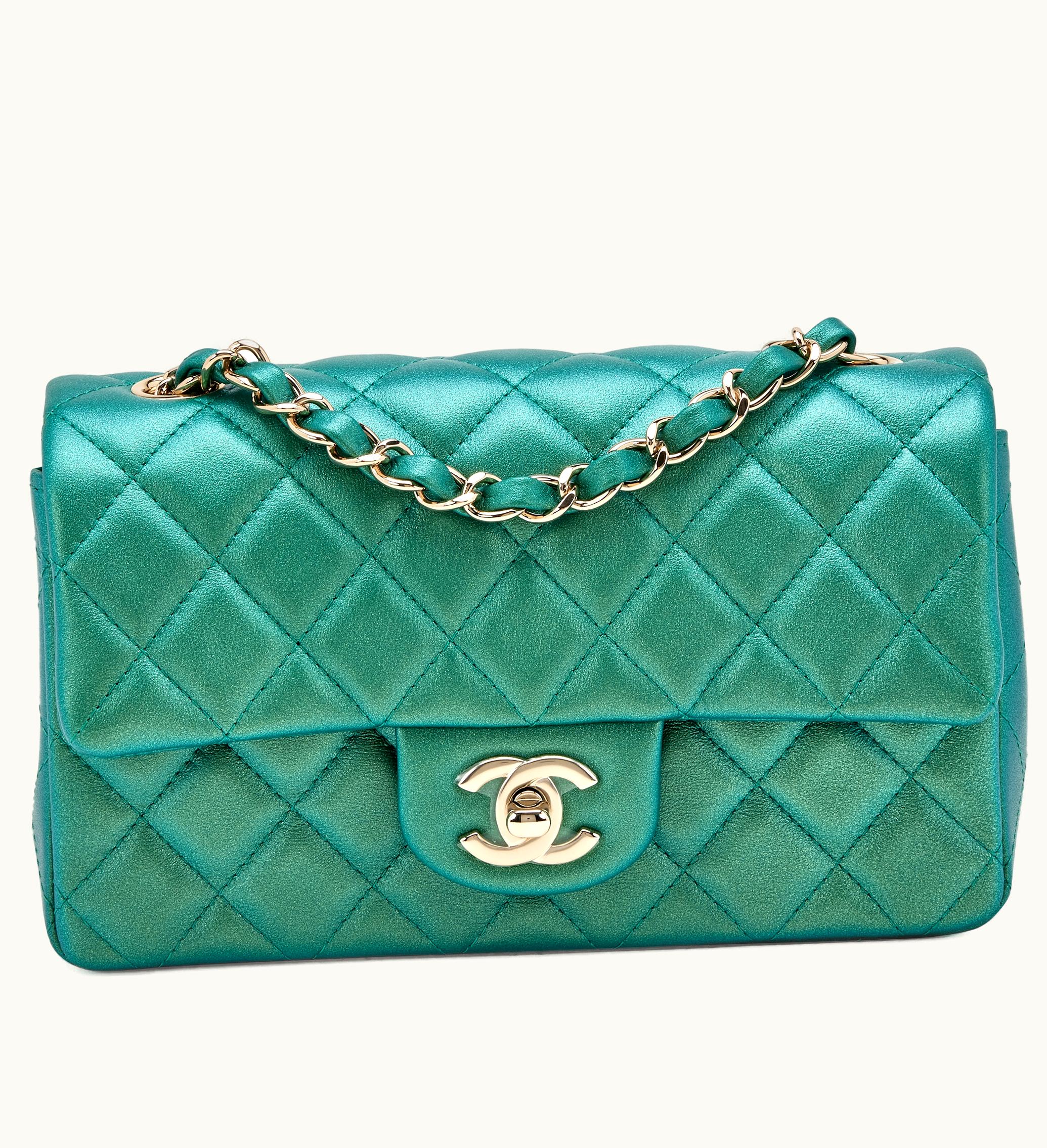 Chanel Chanel Iridescent Rectangular Mini Single Flap Chanel Quilted Lambskin in Green Shade, with Light Gold Hardware, Expected in 2022