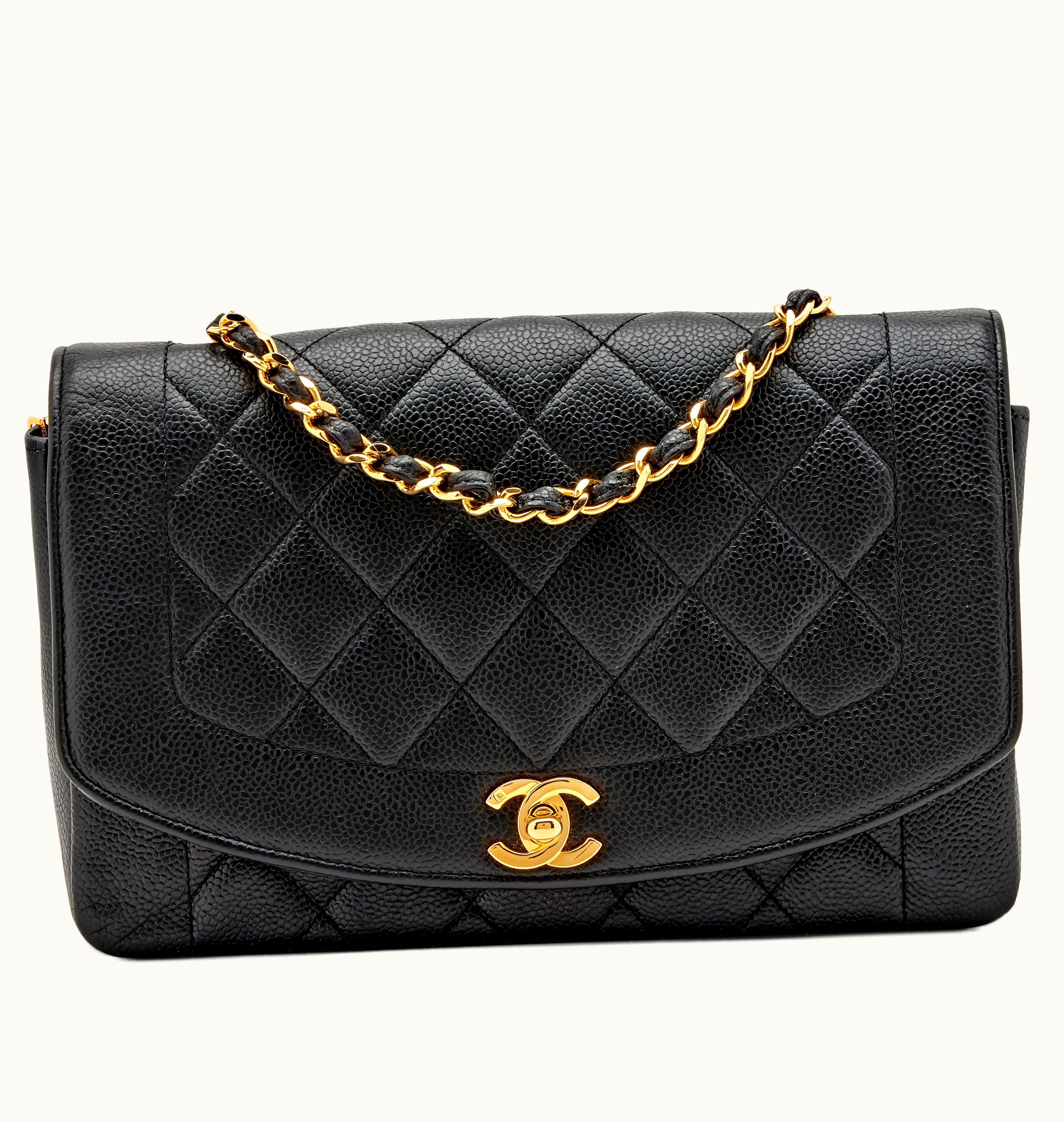 Chanel Chanel Medium Diana Flap with Gold Hardware in Black Quilted Caviar, produced between 1994 and 1996