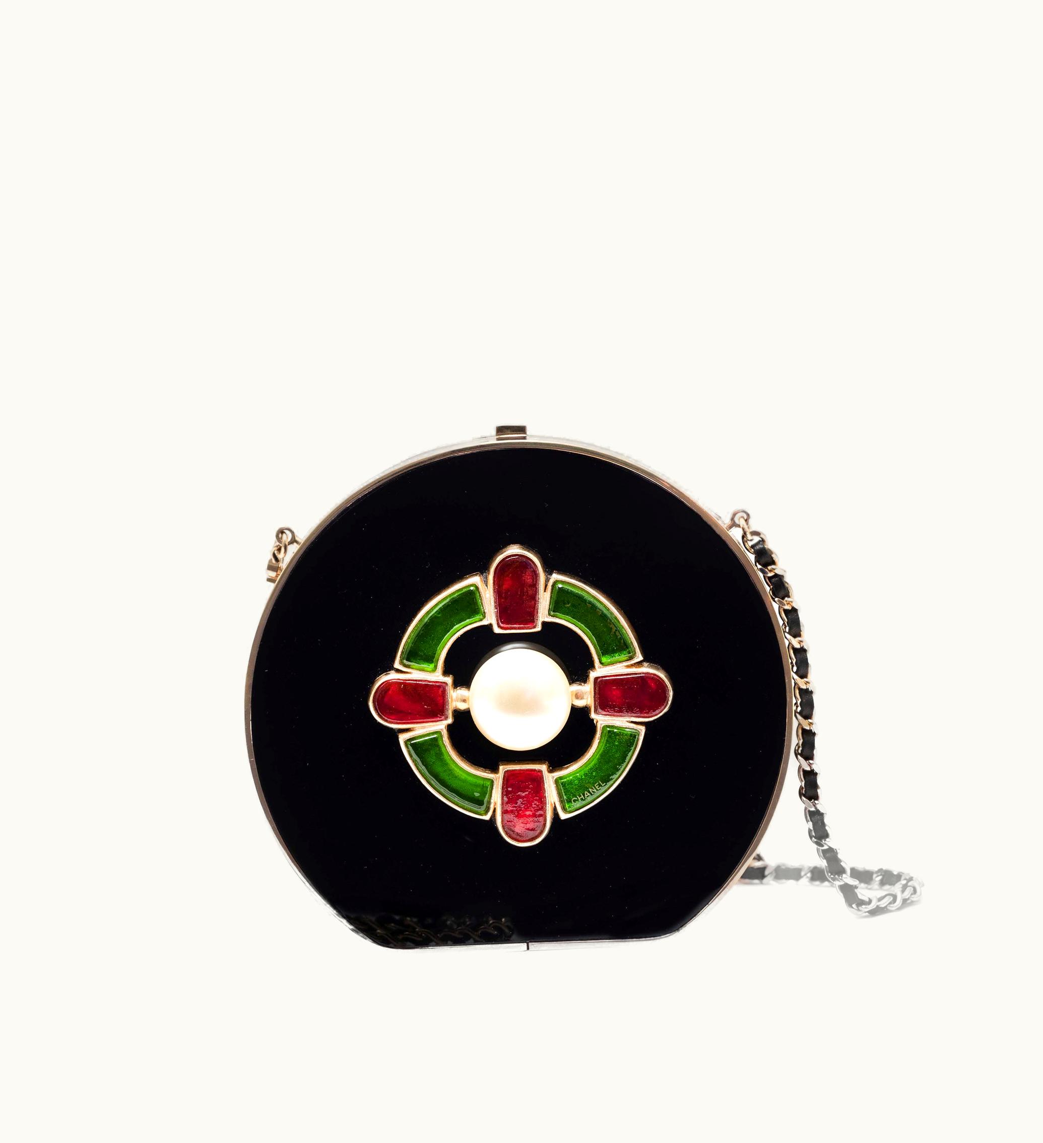 Chanel Chanel 2007 Chanel Minaudière Evening Bag Gold Hardware, featuring Red and Green Gripoix Glass, Imitation Pearl and Black Lucite