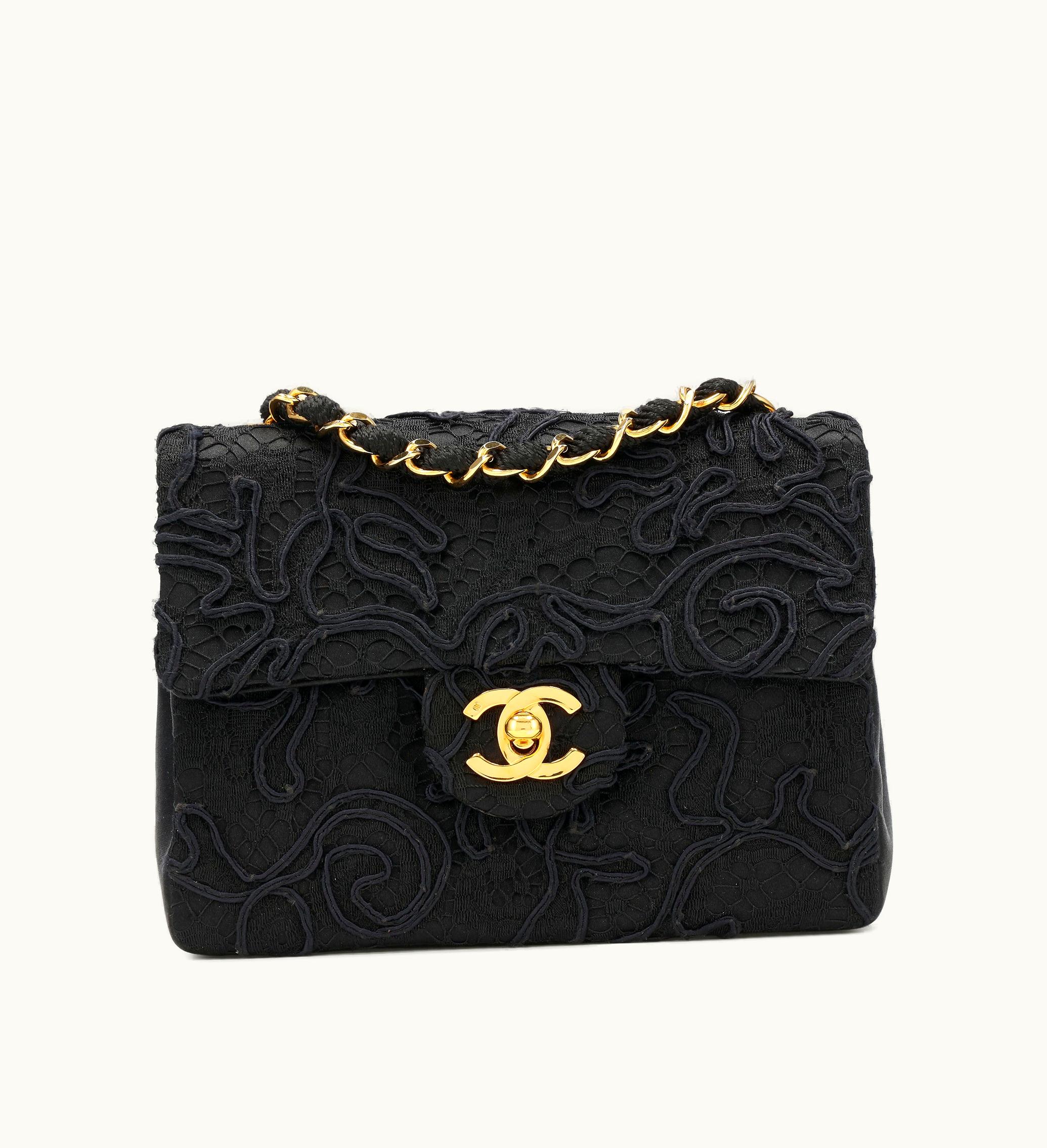 Chanel Chanel 1991 Black Lace Satin Mini Square Classic Single Flap Gold Hardware - a reimagined version