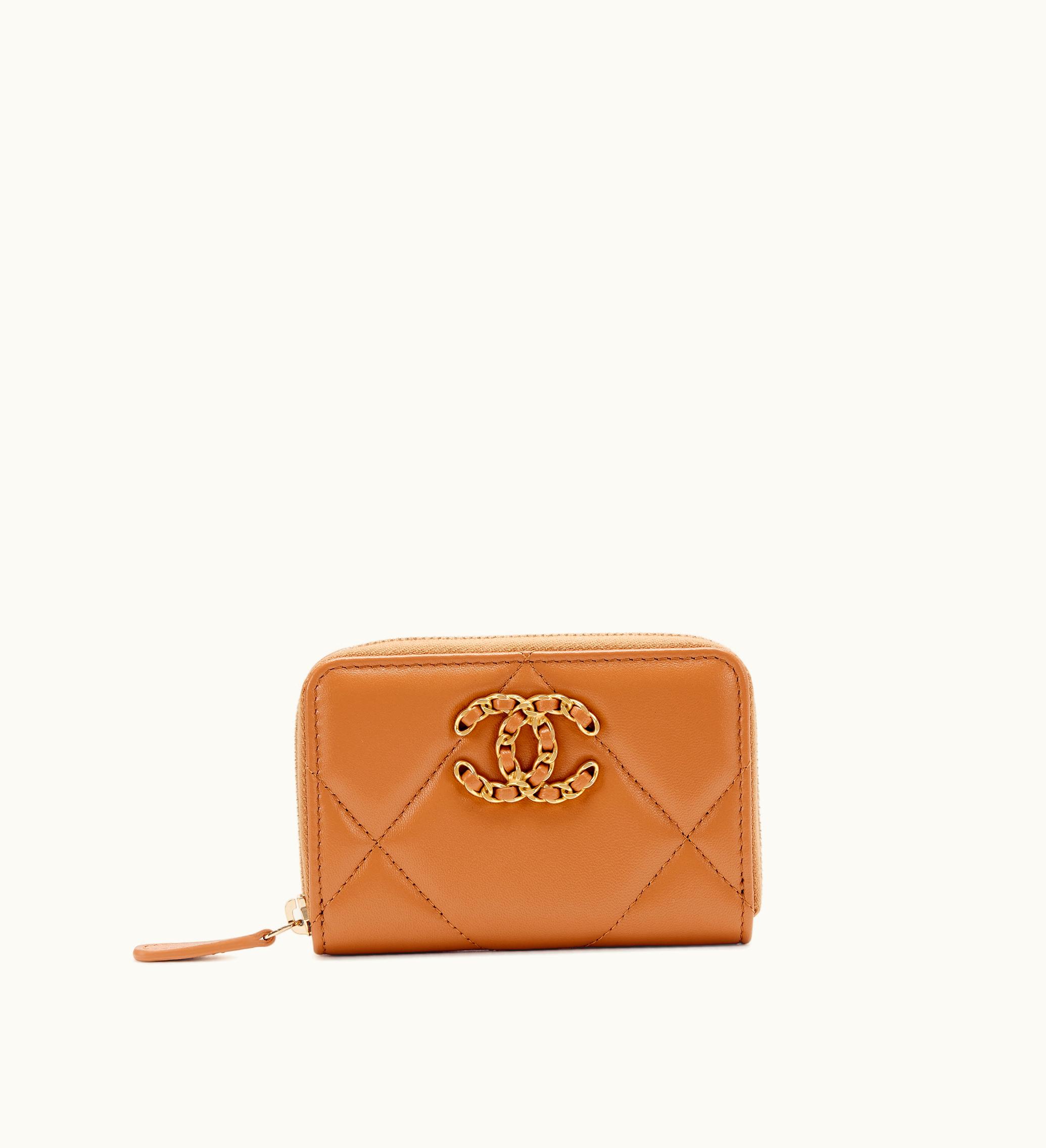 Chanel Chanel 19 Caramel Quilted Lambskin Zip Around Card Holder Wallet with Gold Hardware for 2022