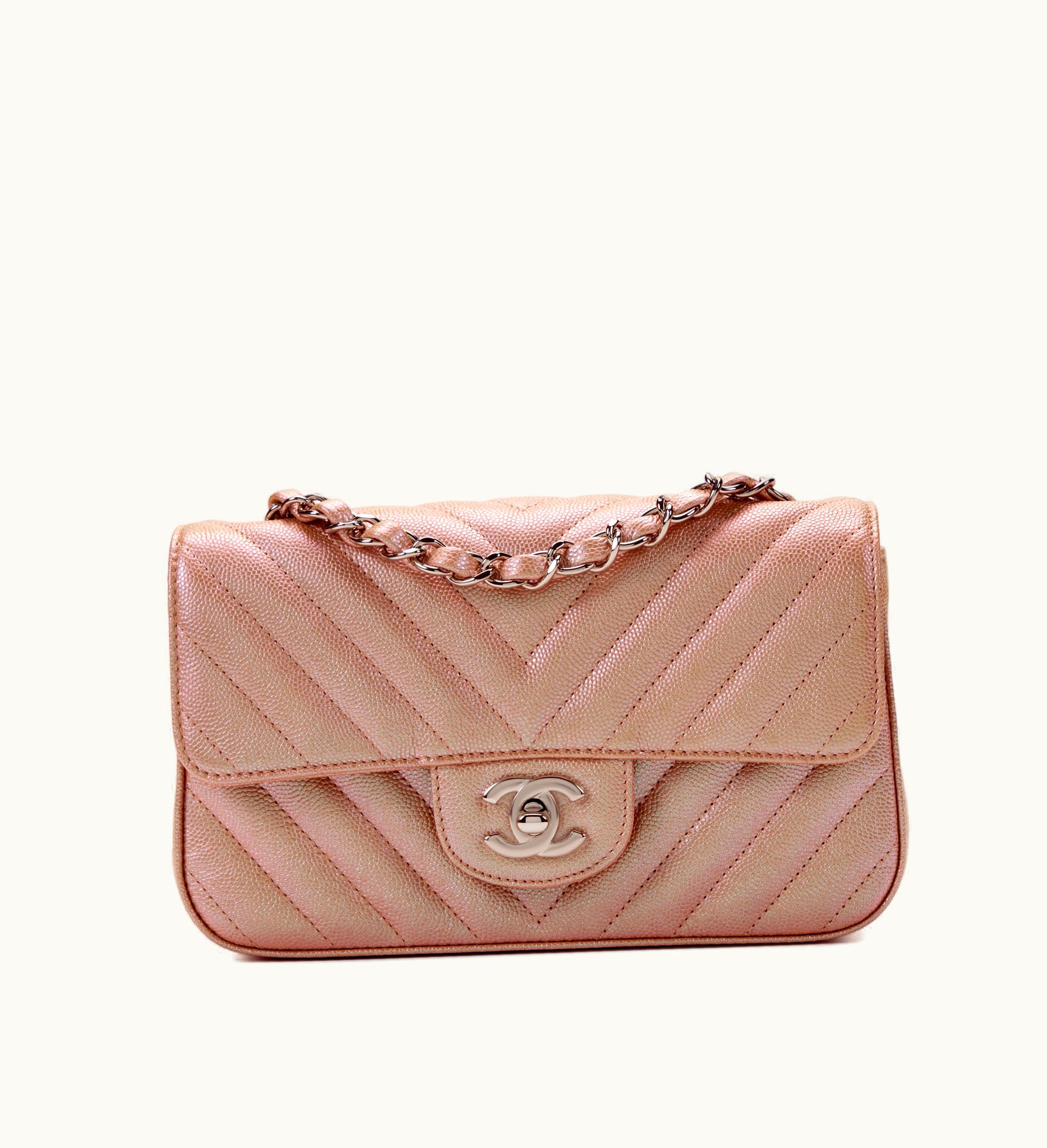 Chanel Chanel 2017 Mini Flap - Iridescent Rose Gold Chevron Quilted Caviar with Silver Hardware