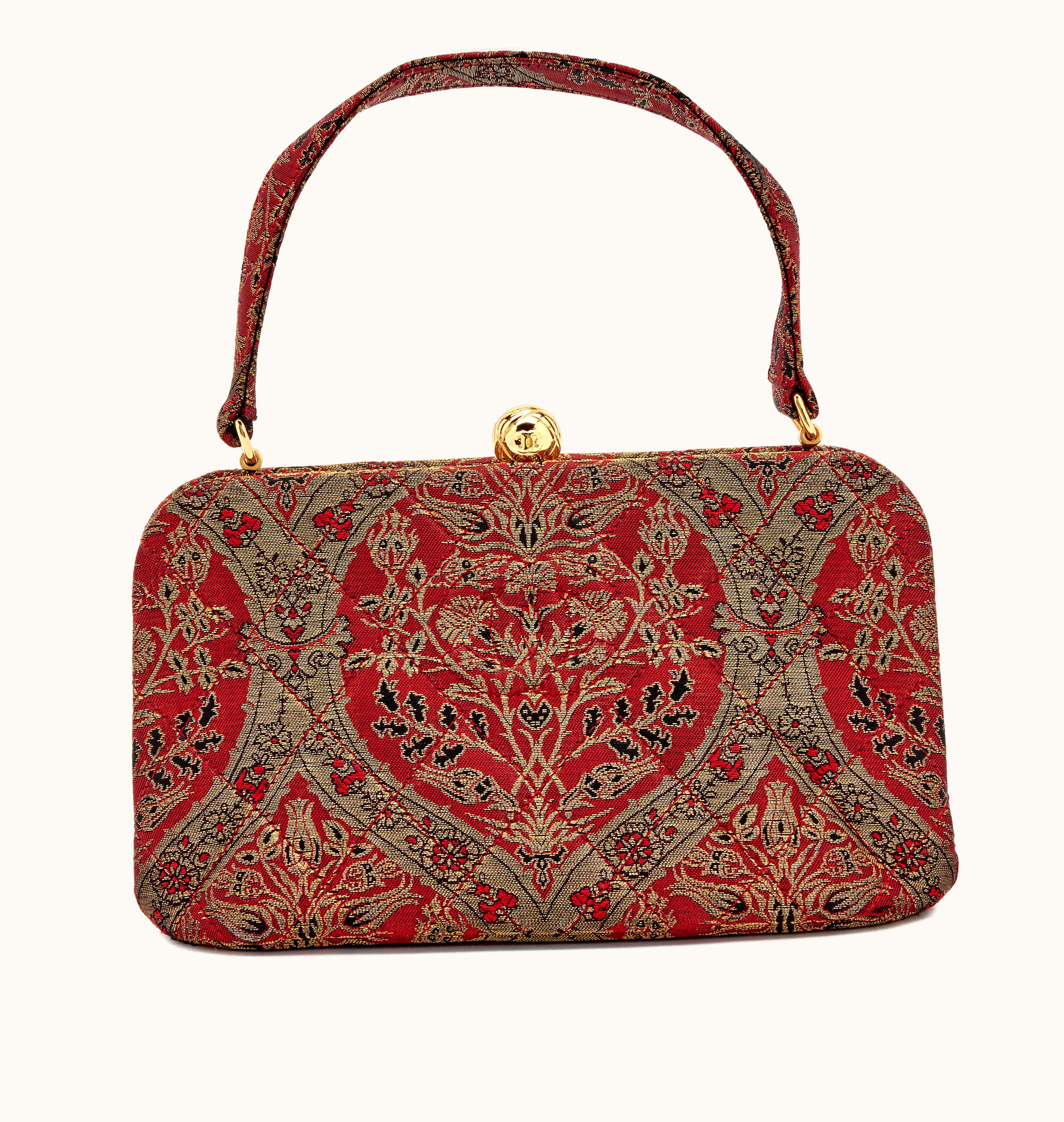 Chanel Chanel Bronze and Burgundy Quilted Floral Jacquard Brocade CC Frame Top Handle Bag Gold Hardware, 1994-1996