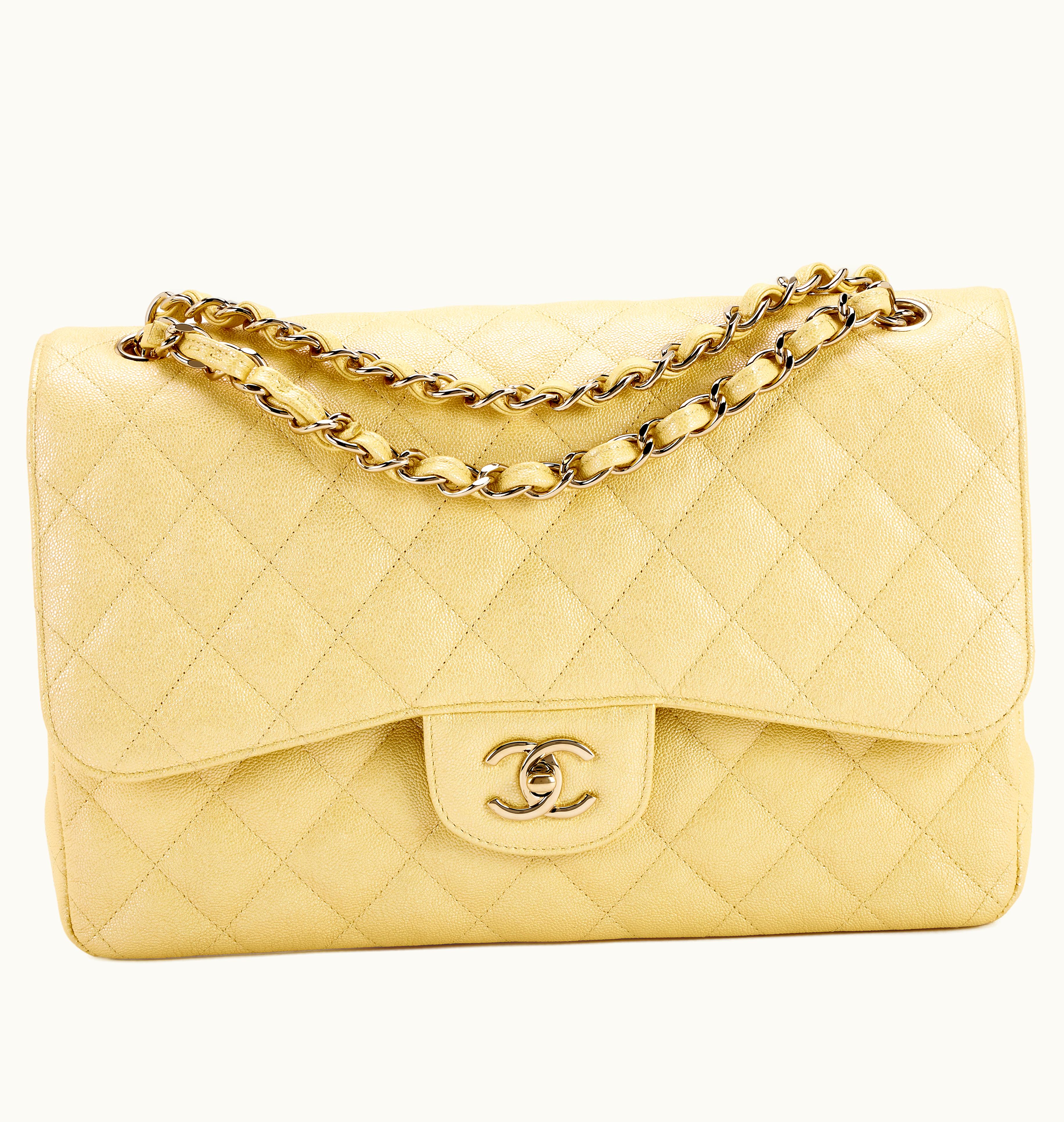 Chanel Chanel 2019 Chanel Jumbo Classic Double Flap with Gold Hardware in Yellow Iridescent Quilted Caviar