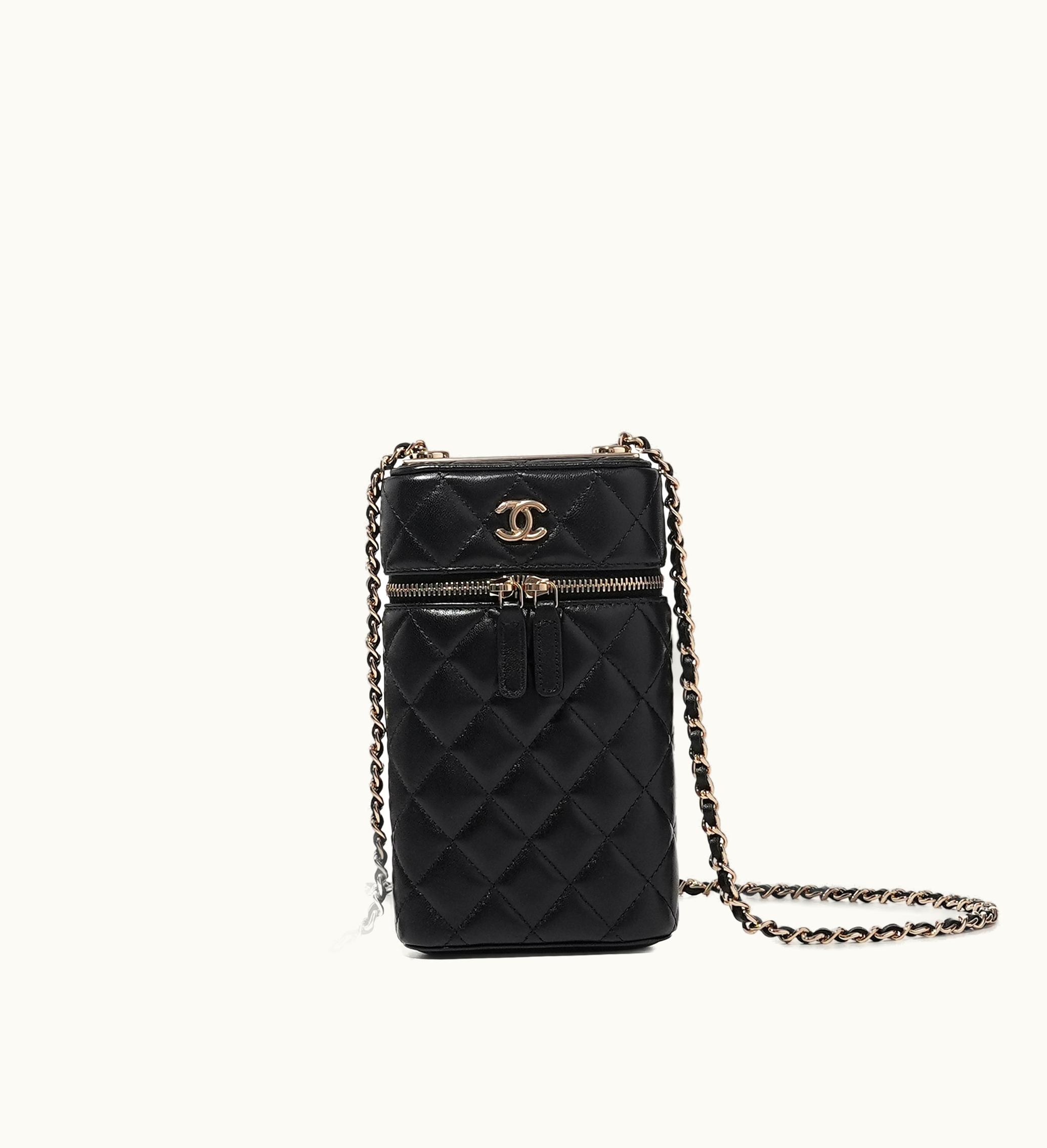 Chanel Chanel 2021 Chanel Black Quilted Lambskin CC Phone Holder with Gold Hardware