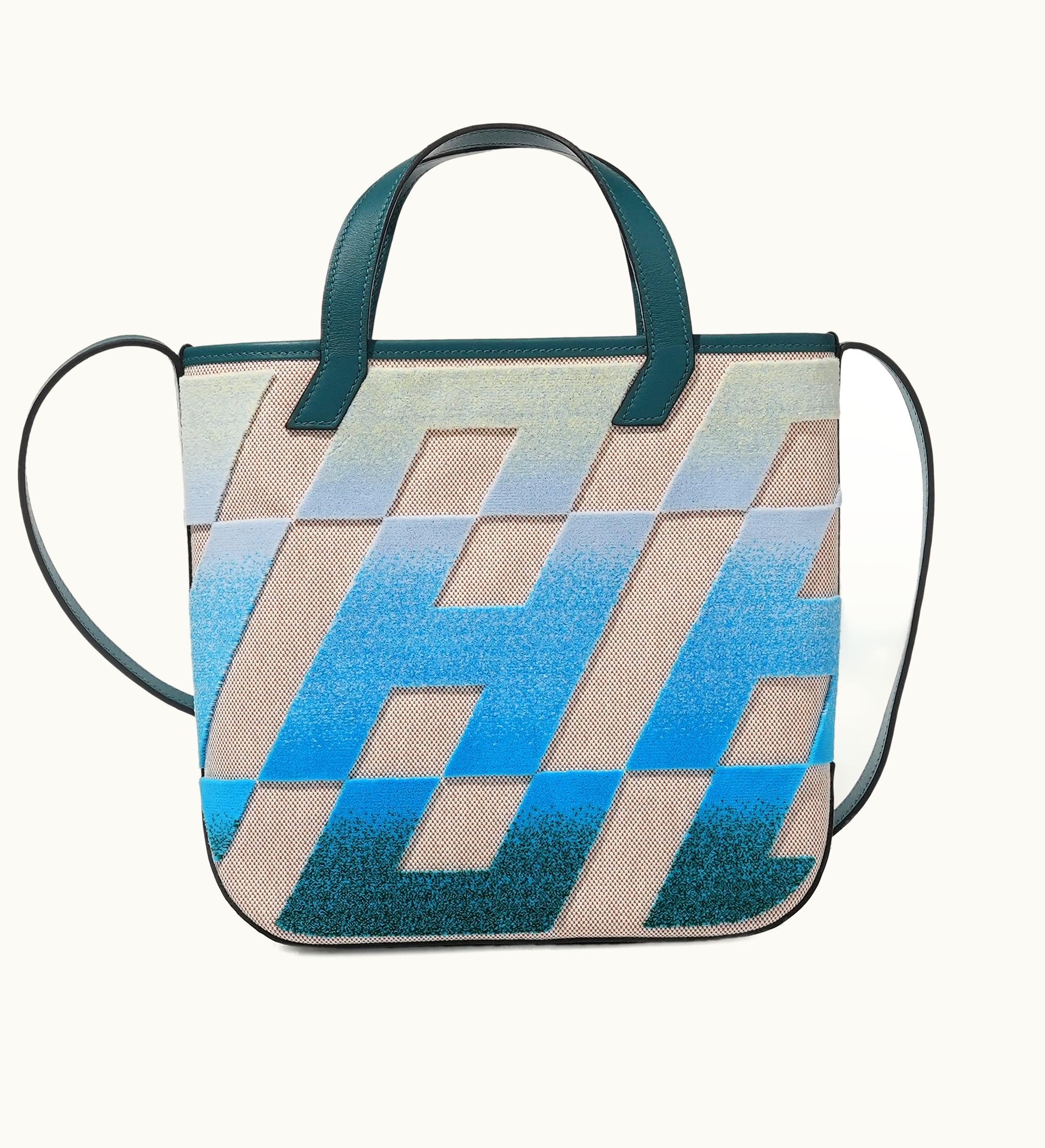 Hermès Hermès Vert Bosphore, Bleu and Jaune Pale Swift, Tufted Motif and Ecru H Canvas Cabas H en Biais 27 Bag, 2021