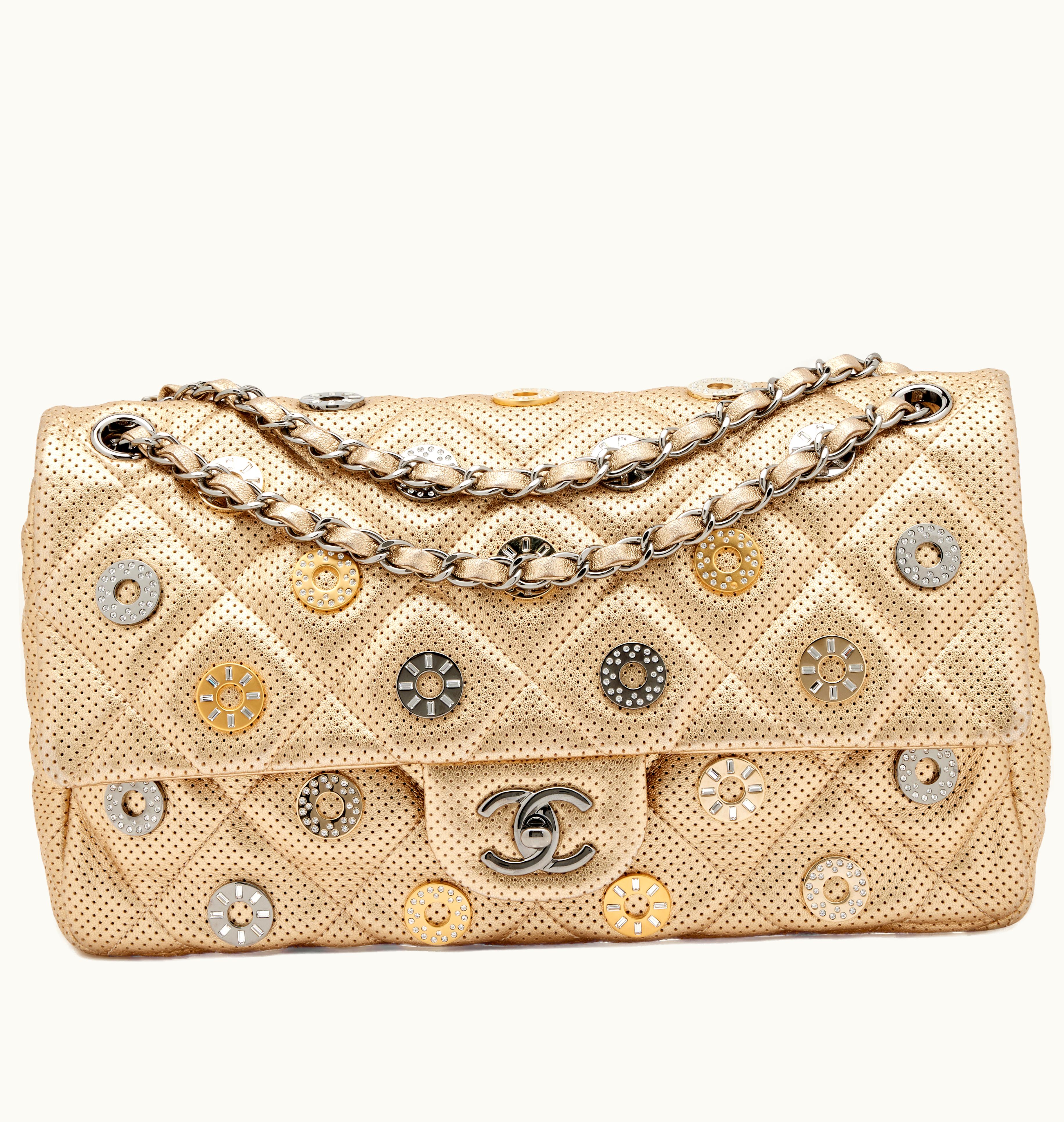 Chanel Chanel Gold Metallic Quilted Perforated Lambskin Paris-Dubai Medals Charm Flap Silver Hardware, 2015