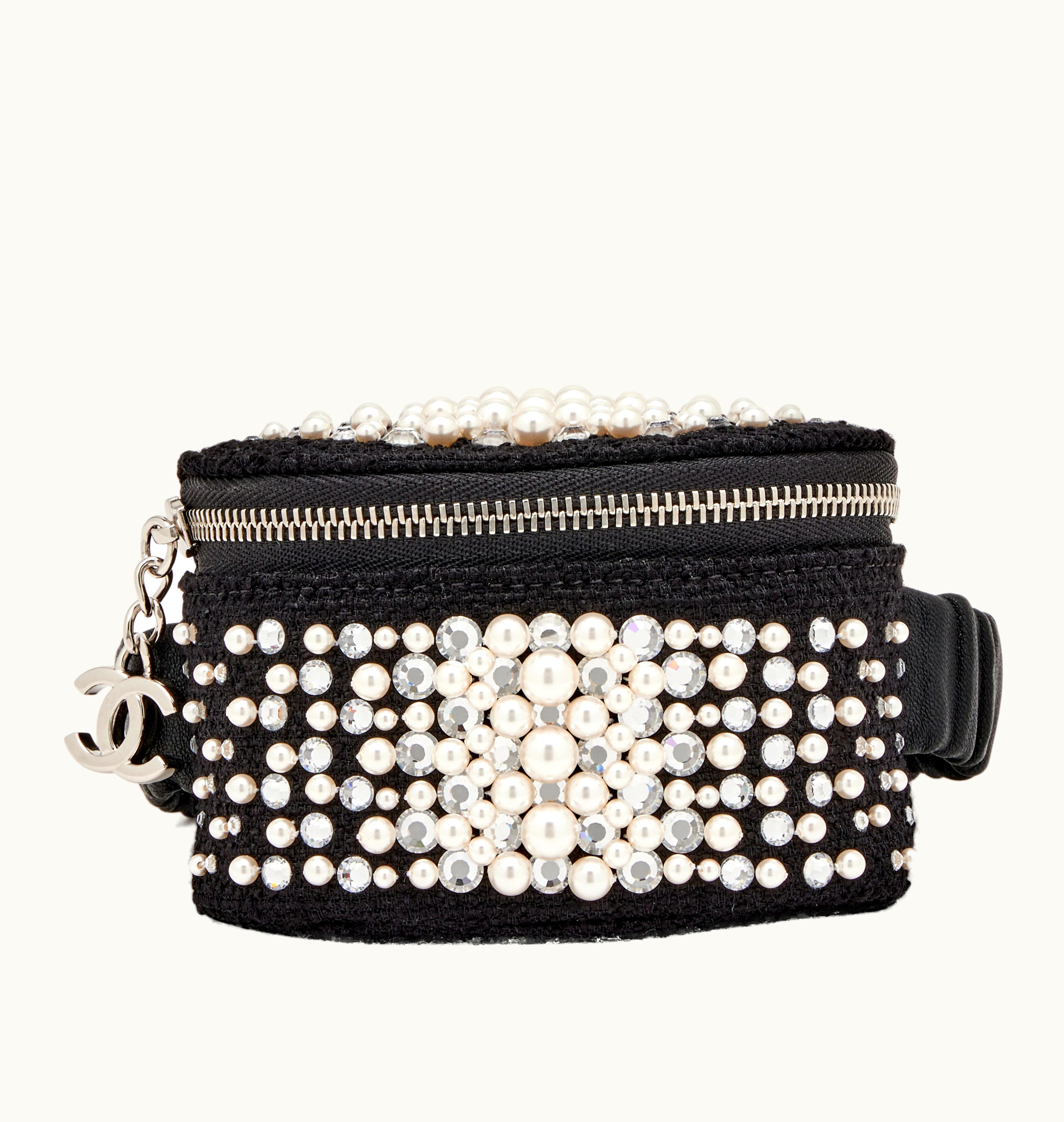 Chanel Chanel Silver Tone Arm Band Pouch with Black Tweed, Imitation Pearl, and Strass Detailing, 2021