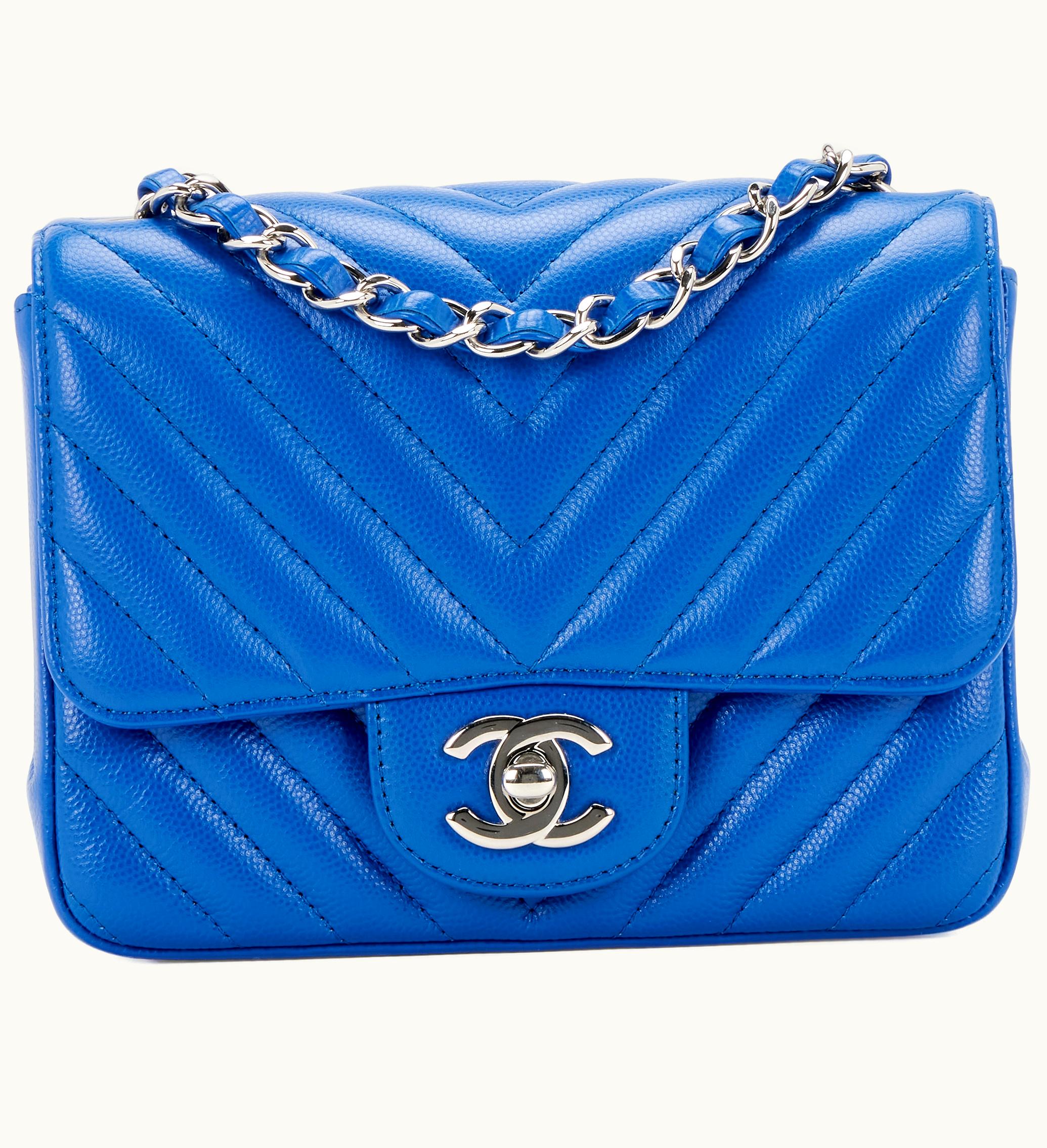 Chanel Chanel Mini Square Classic Flap Silver Hardware in Cobalt Chevron Quilted Caviar, from 2016-2017