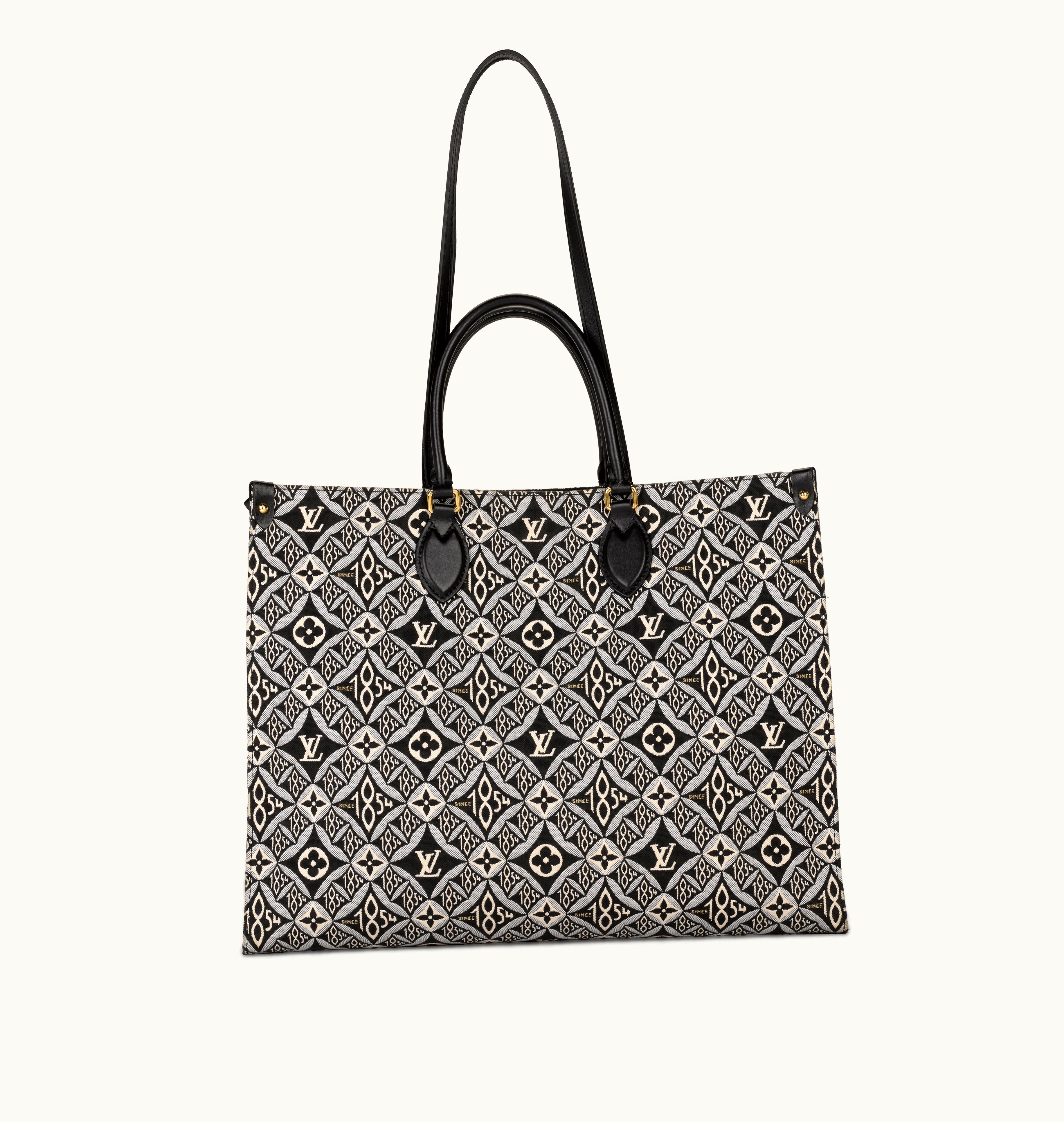 Louis Vuitton Louis Vuitton 2020's Louis Vuitton On The Go GM Tote in Black and White Jacquard and Calfskin, boasting Gold Hardware, Since 1854 Edition