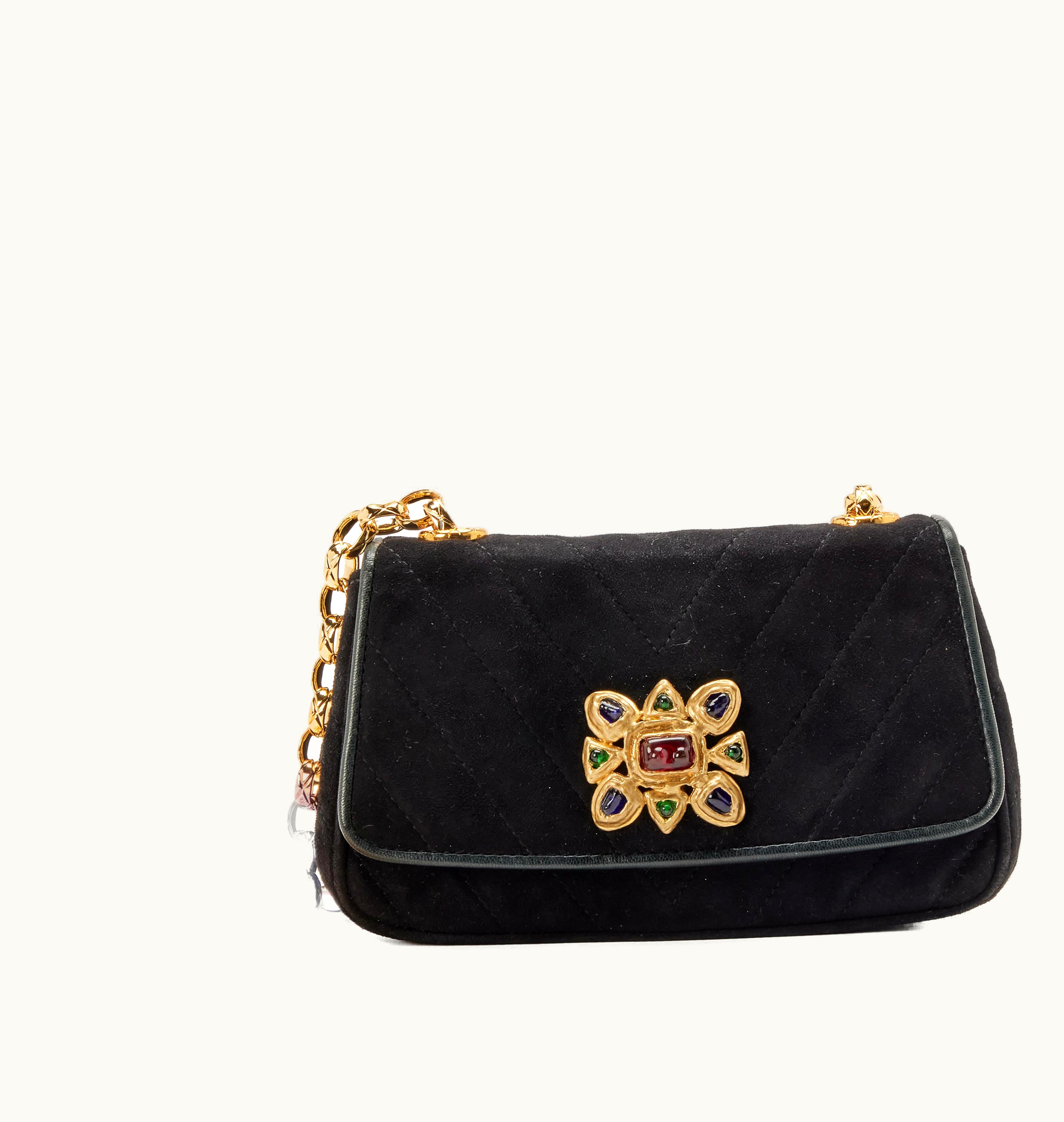 Chanel Chanel Black Chevron Quilted Suede Bijoux Chain Mini Flap Gold and Gripoix Hardware, 1991-1994