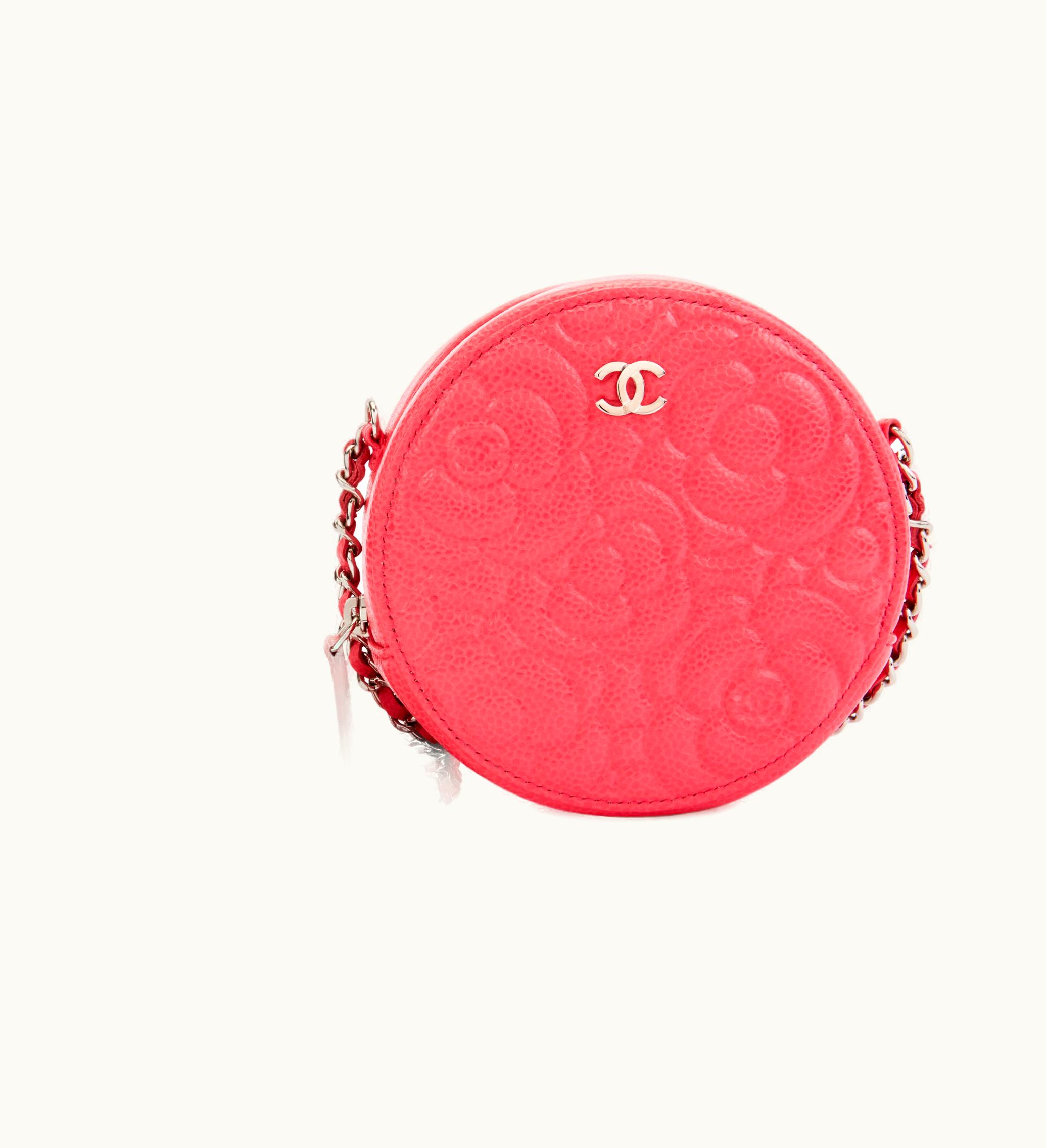 Chanel Chanel 2020 Chanel Round Chain Clutch in Pink Camellia Embossed Grained Calfskin with Silver Hardware