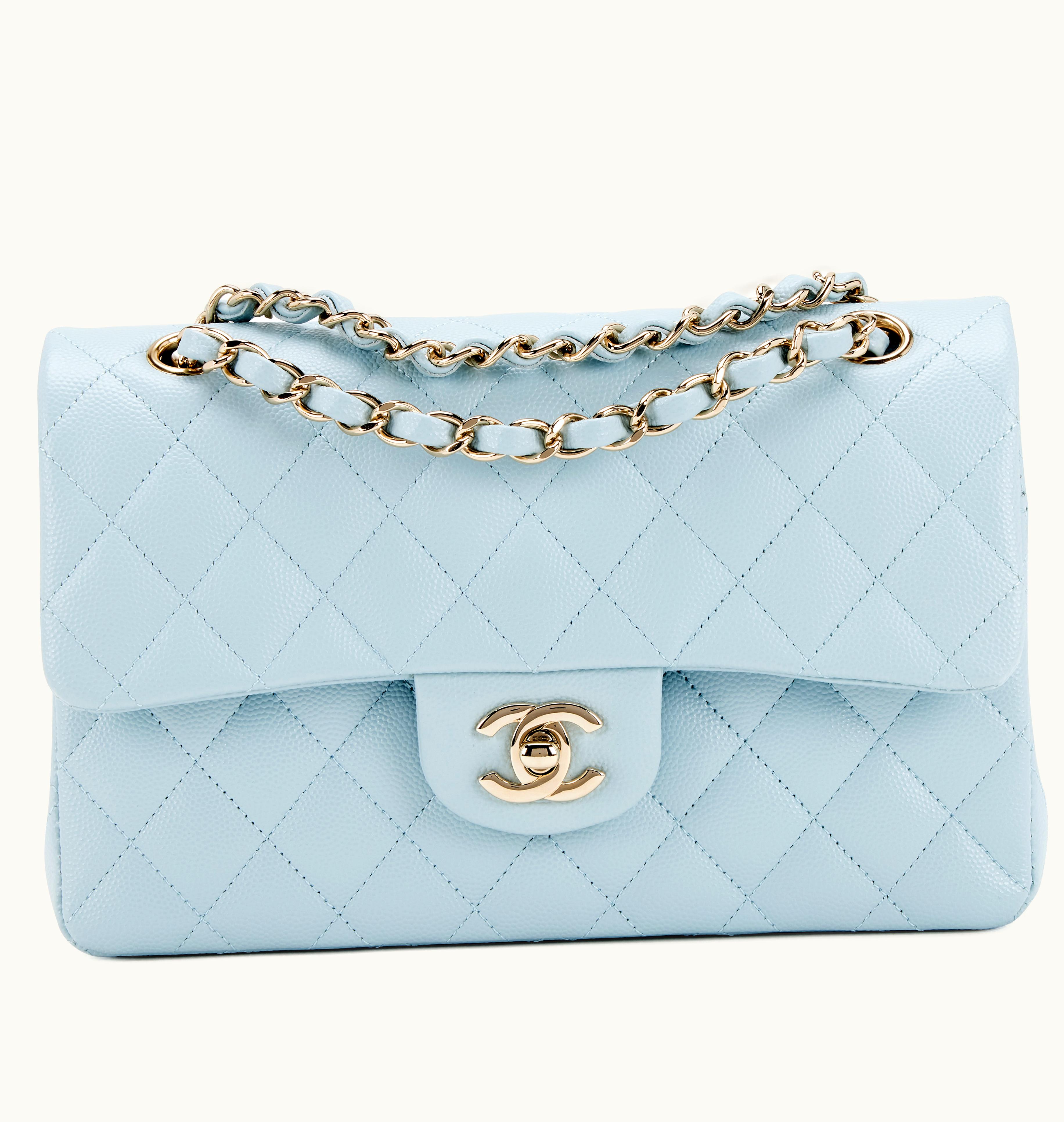 Chanel Chanel Small Classic Double Flap in Light Blue with Quilted Caviar and Silver Hardware