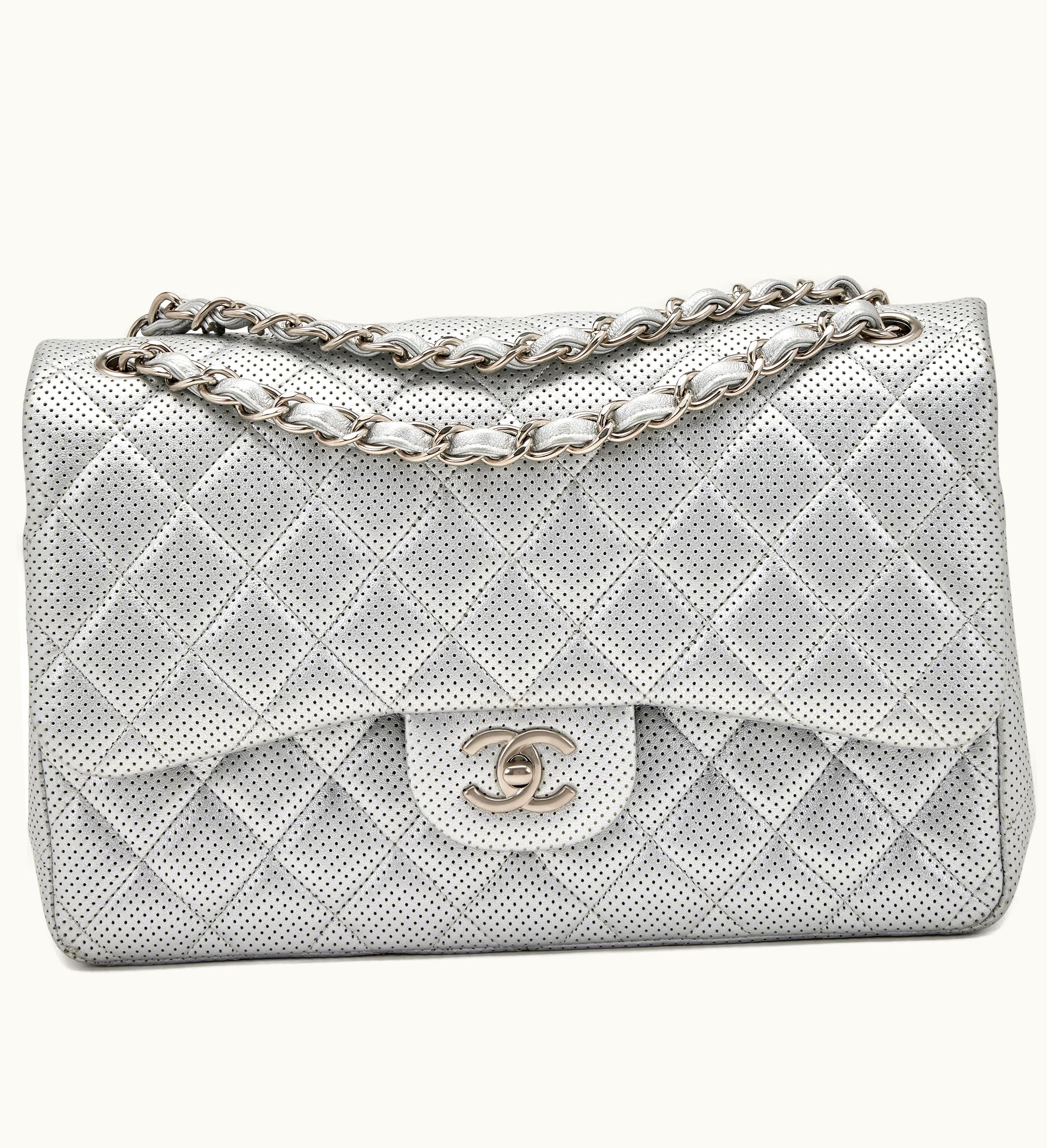 Chanel Chanel Metallic Silver Perforated Quilted Lambskin Jumbo Classic Double Flap with Brushed Silver Hardware from 2014-2015