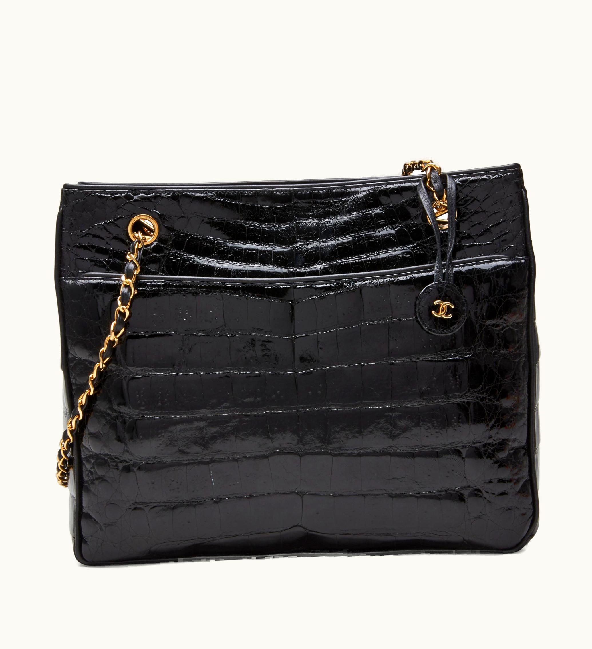 Chanel Chanel Black Timeless Pocket Shopper Tote in Shiny Crocodile with Gold Hardware, 1986-1989