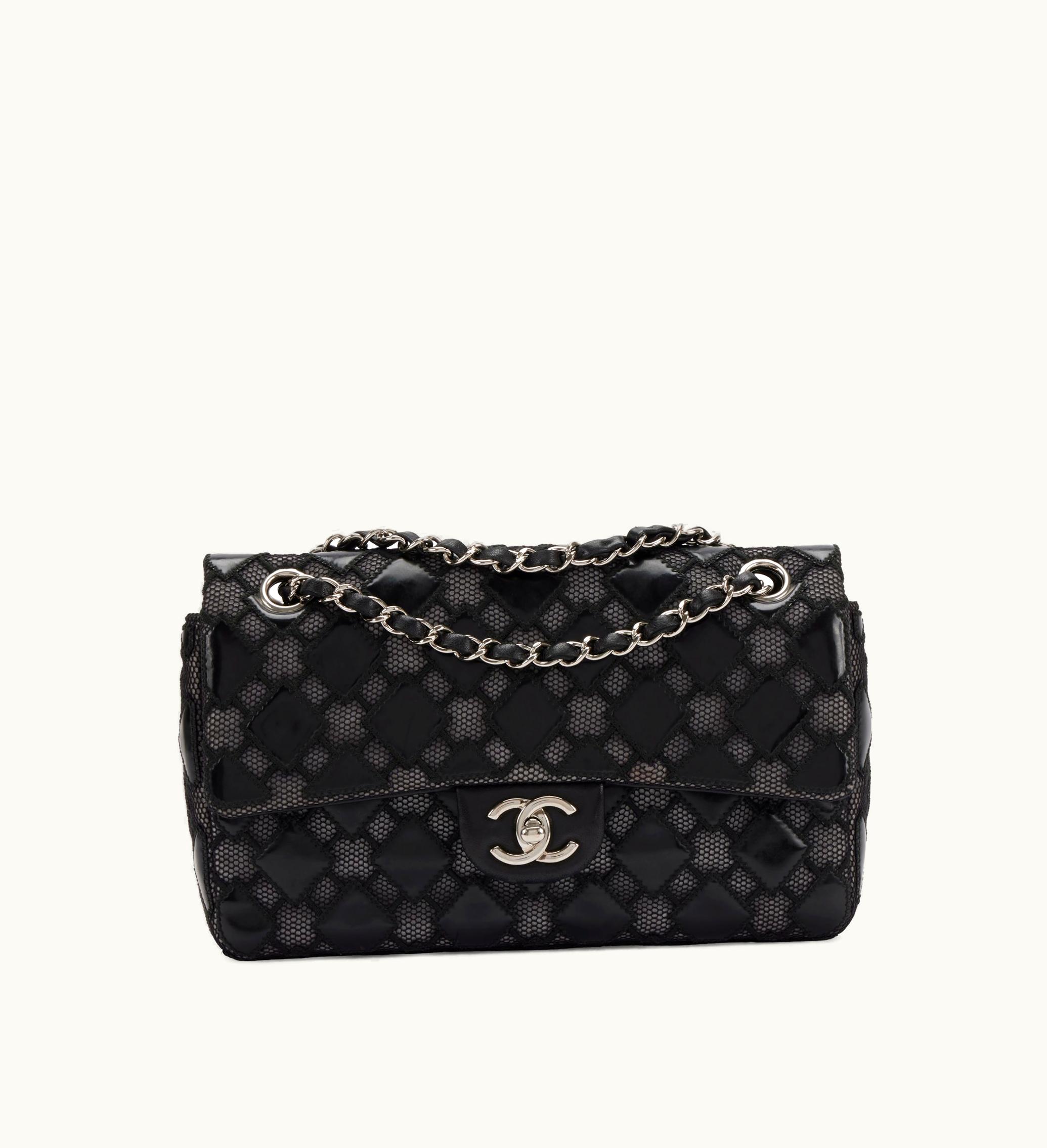 Chanel Chanel Medium Classic Single Flap in Black Patent Leather and Lace with Silver Hardware from the 2010-2011 collection