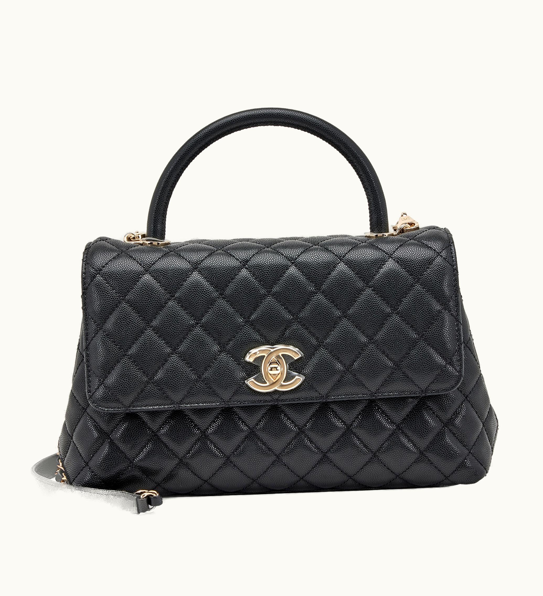 Chanel Chanel 2022-2023 Chanel Medium Coco Top Handle Pale Gold Hardware Black Quilted Caviar
