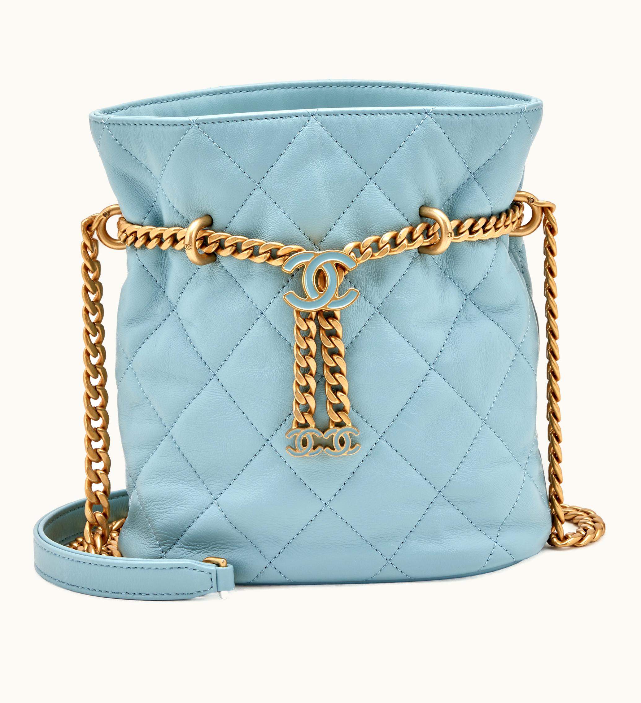 Chanel Chanel 2022 Chanel Bucket Bag - Quilted Lambskin in Light Blue with Enamel and Gold Accents
