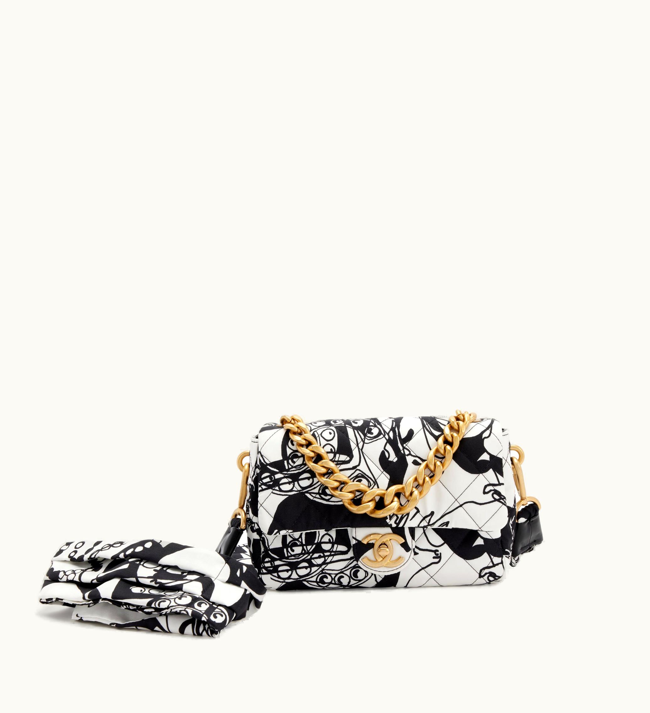 Chanel Chanel Black and White Quilted Printed Fabric Mini Flap Gold Hardware, 2022