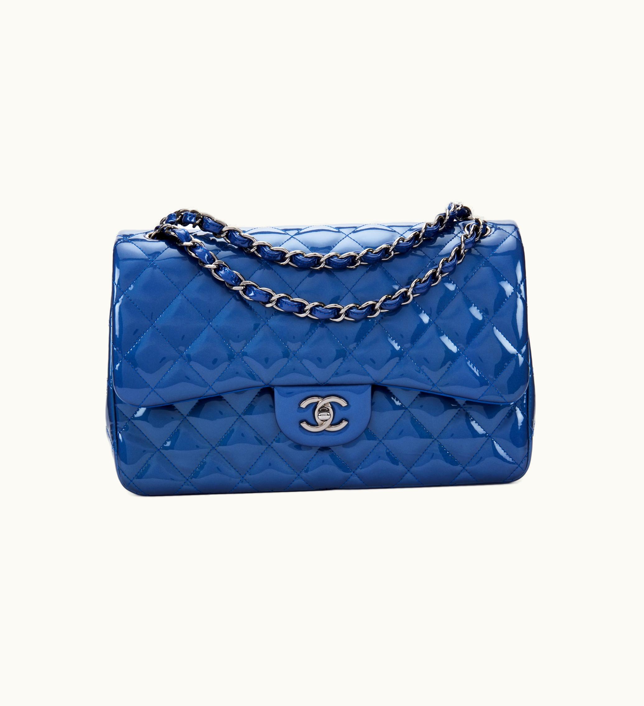 Chanel Chanel Quilted Patent Jumbo Classic Double Flap with Metallic Blue Color and Ruthenium Hardware, Manufactured during 2012-2013